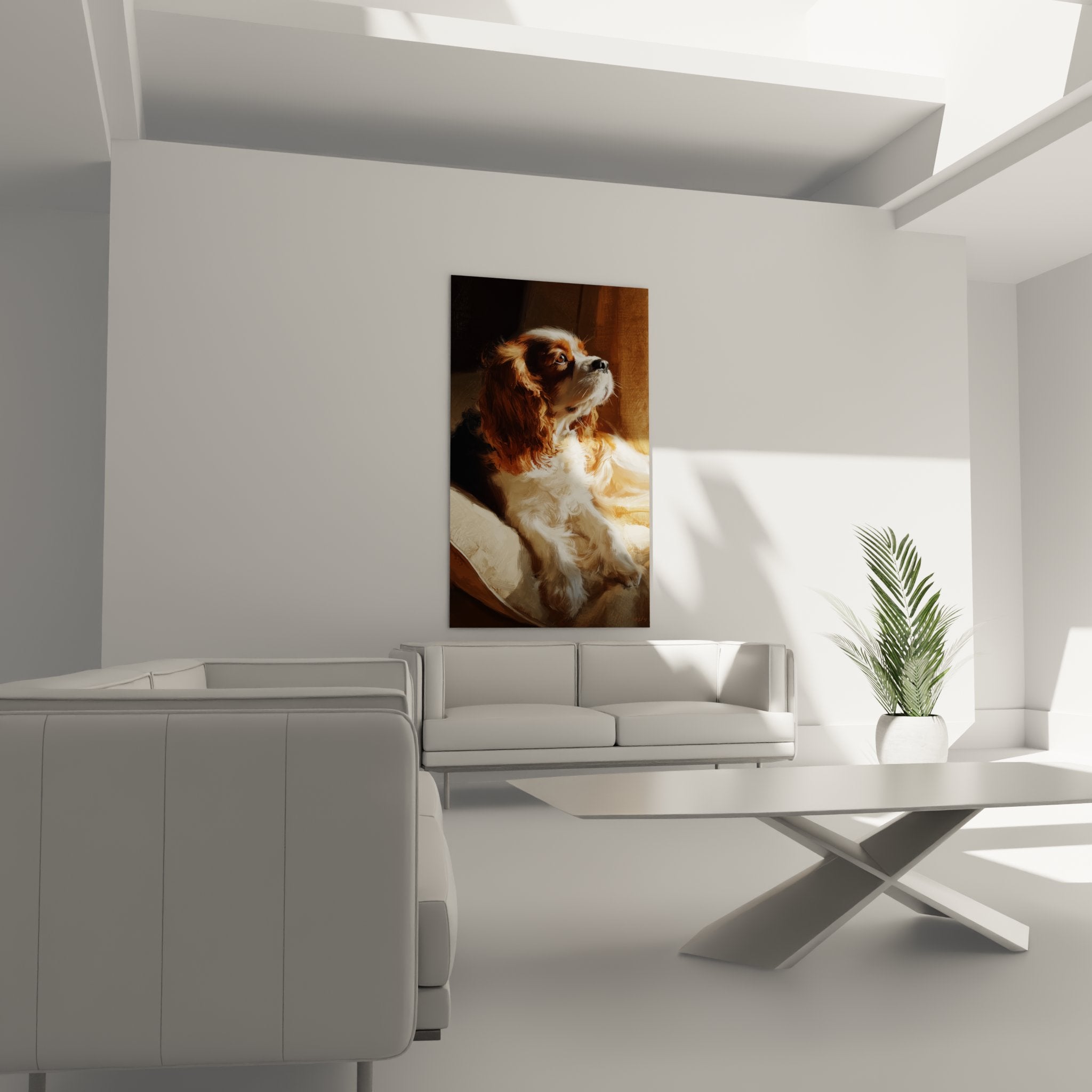 Detail pelage tricolore Cavalier King Charles yeux bruns expressifs lumiere naturelle