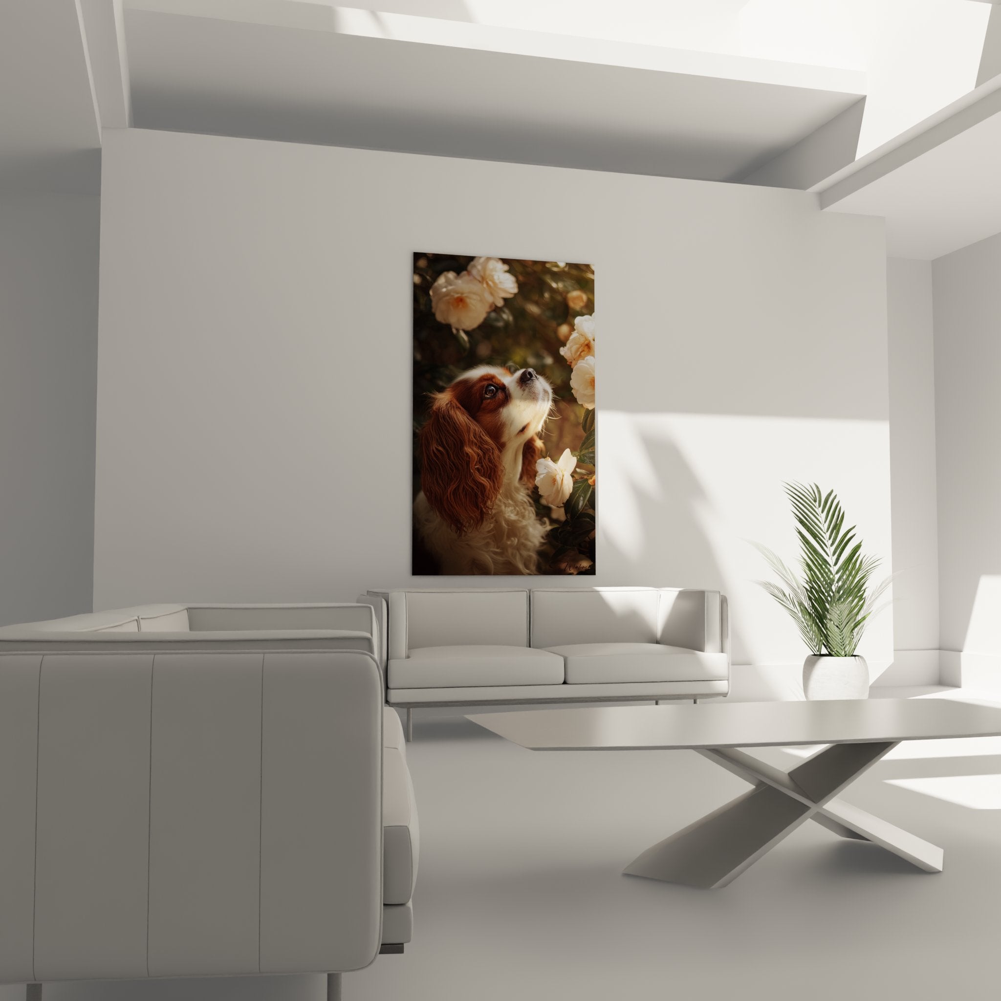 gros plan cavalier king charles roux pelage detaille avec pivoines roses arriere plan flou effet artistique