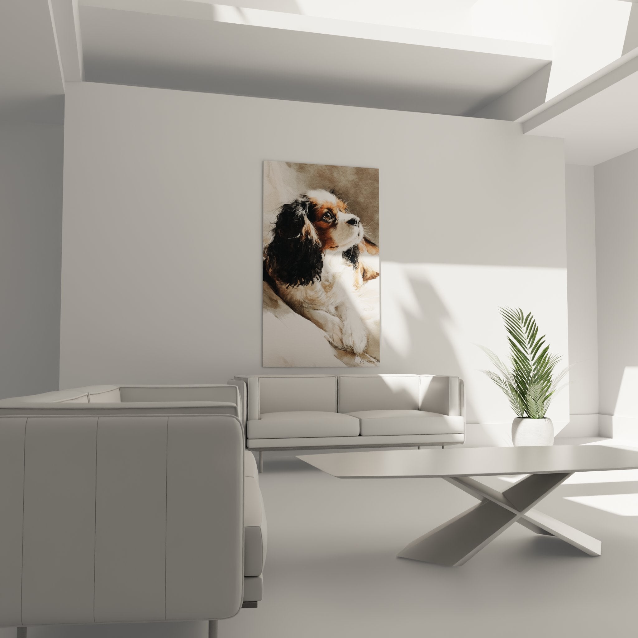 Detail portrait cavalier king charles technologique pelage roux blanc noir casque virtuel artistique