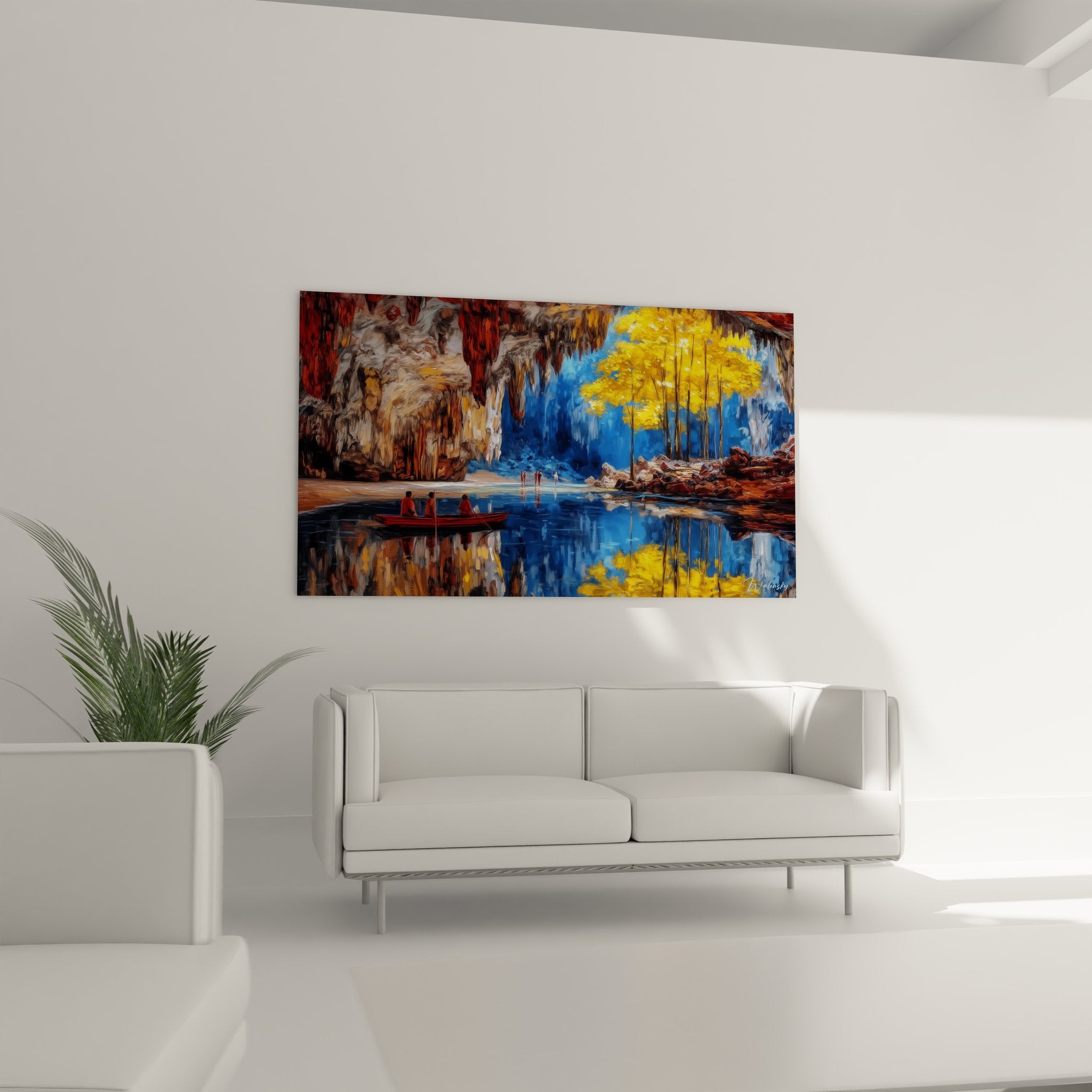 Détail tableau cenote barque rouge formations calcaires et reflets parfaits eaux cristallines