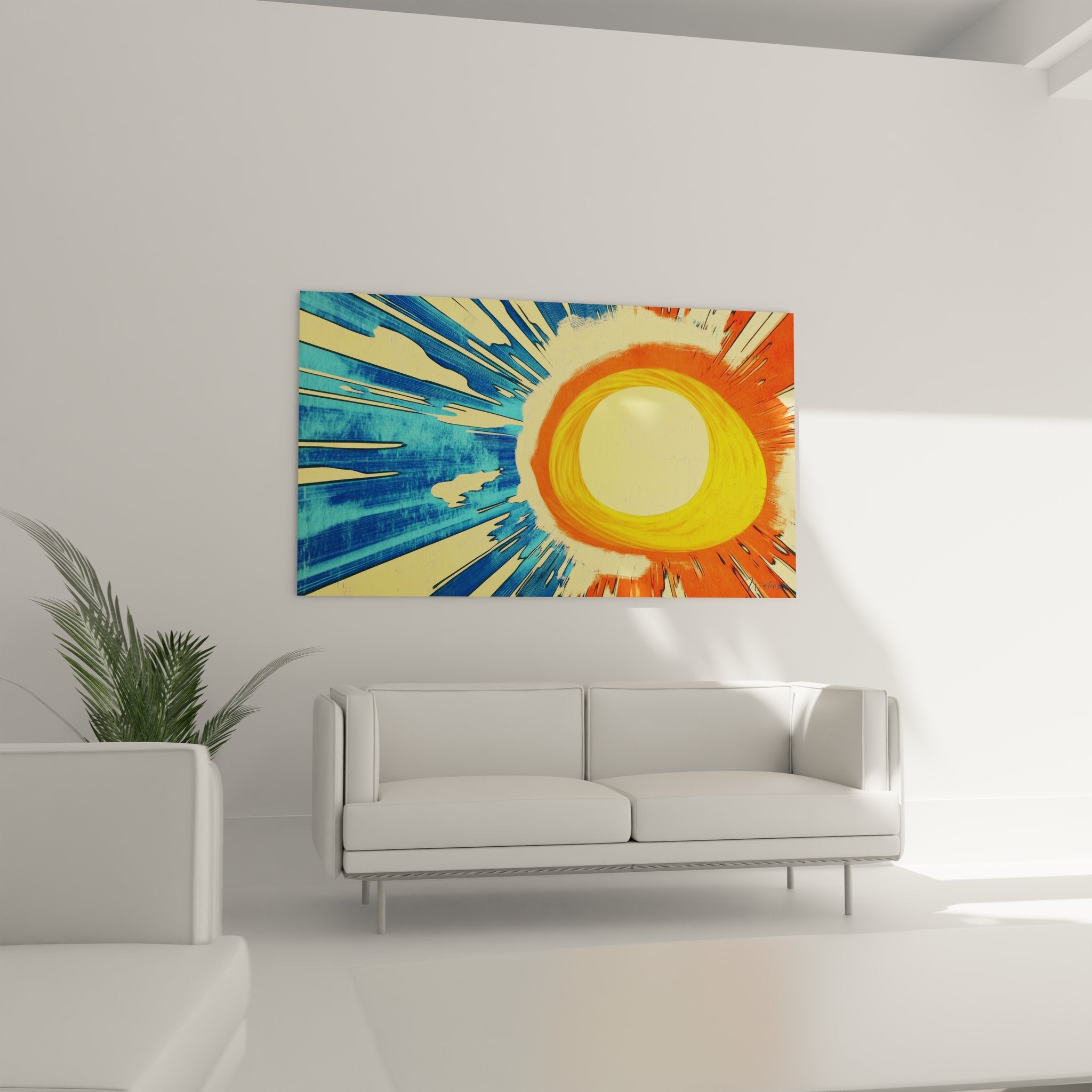 Gros plan détaillé du centre spiral orange et jaune du tableau soleil radiant abstrait contemporain