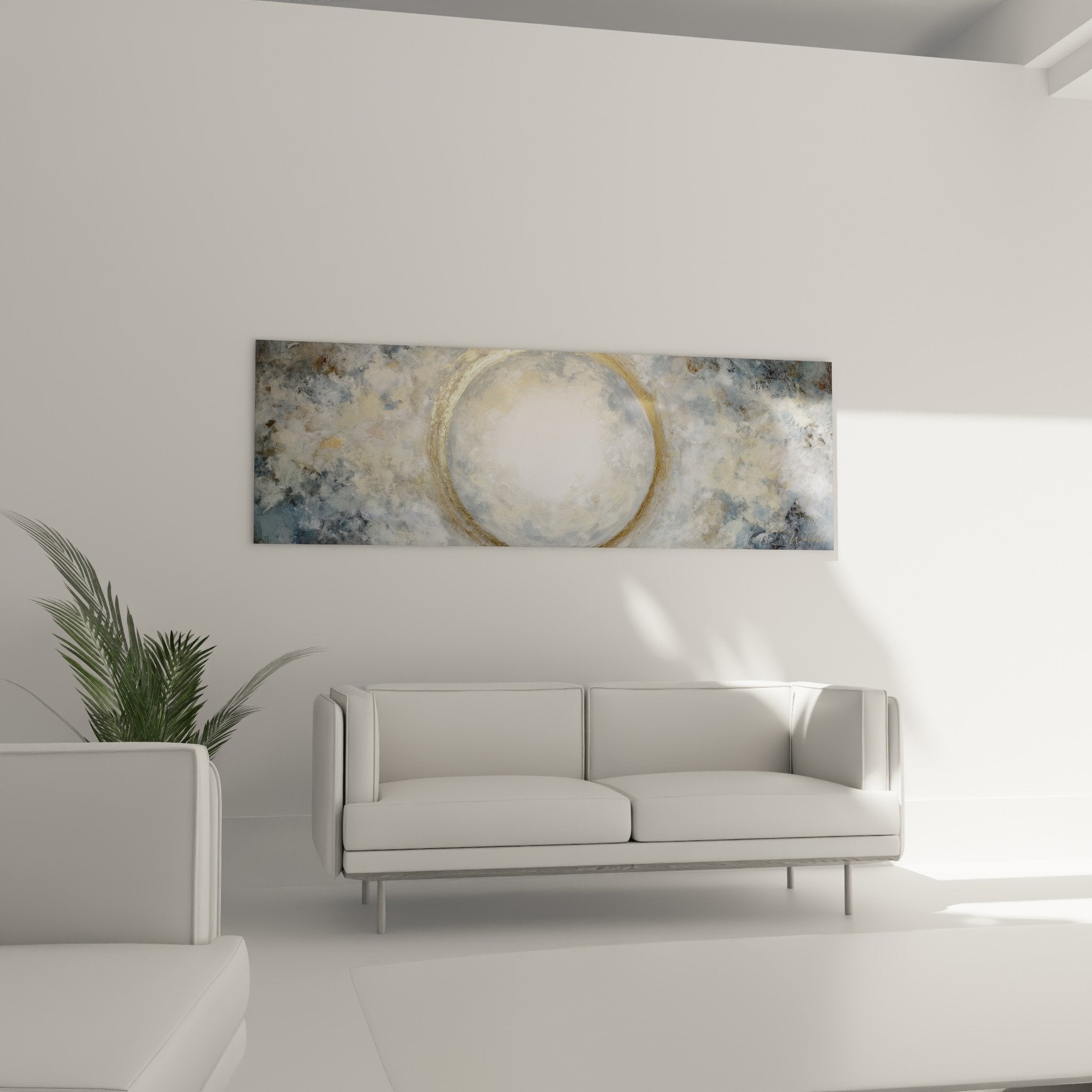 Detail cercle dore reflets metalliques nuances bleu-gris tableau feng shui ouest metal