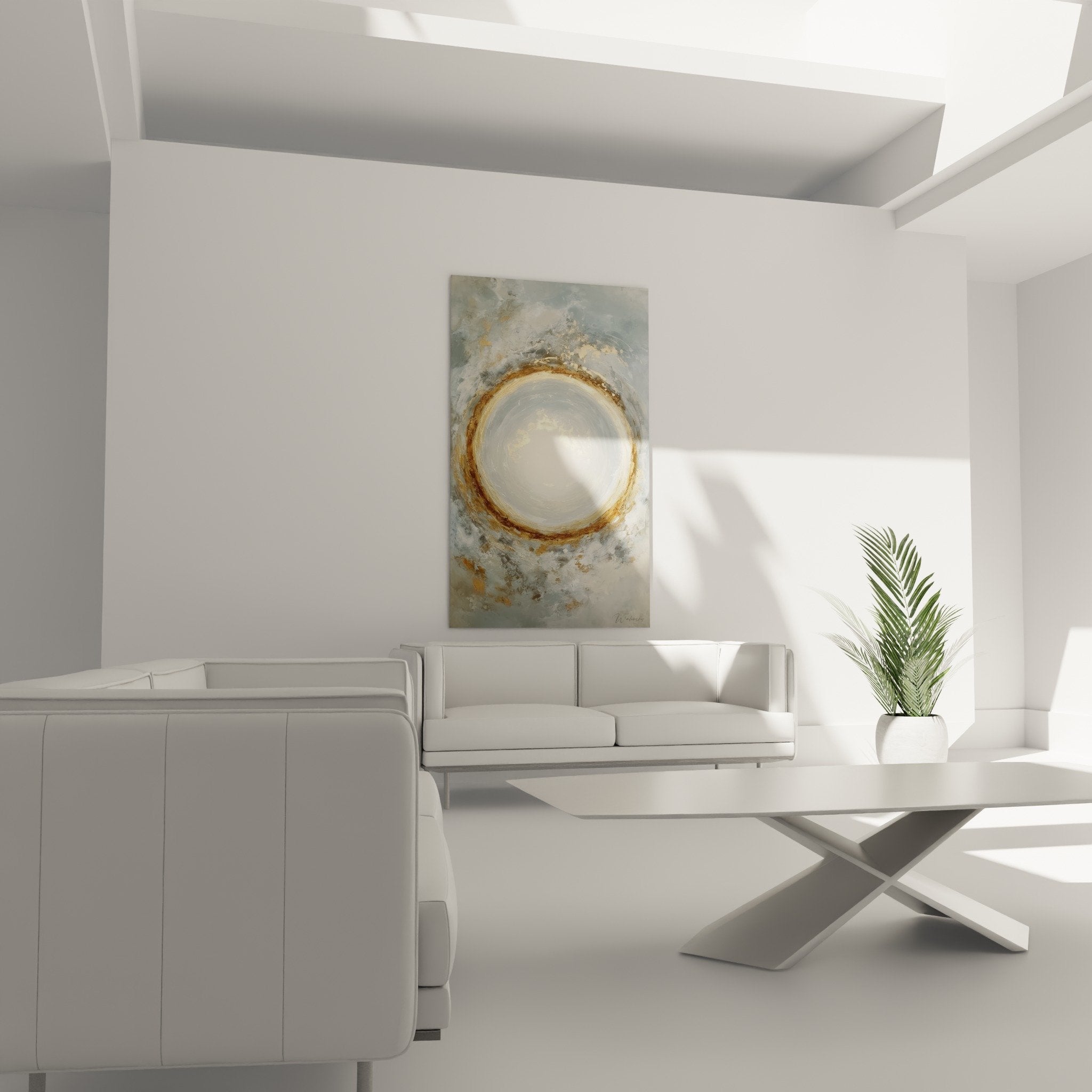 Glowing golden circle detail abstract feng shui artwork cloudy textures blue grey