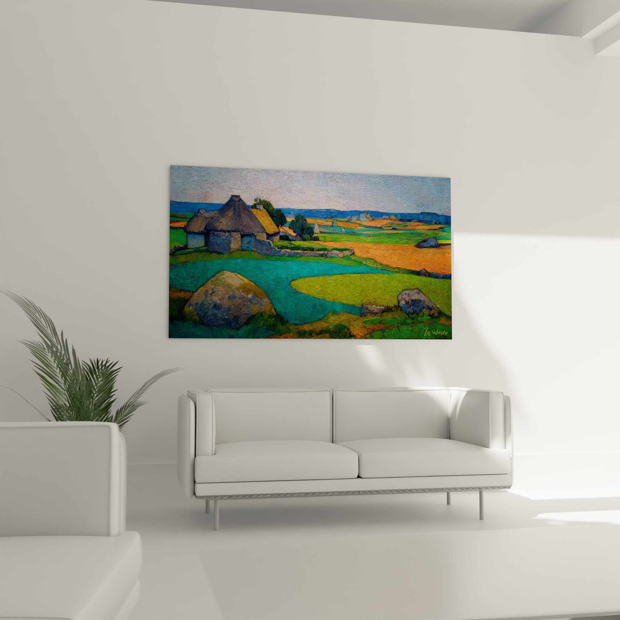 Détail tableau chaumières bretonnes toits chaume paysage rural coloré peinture campagne française