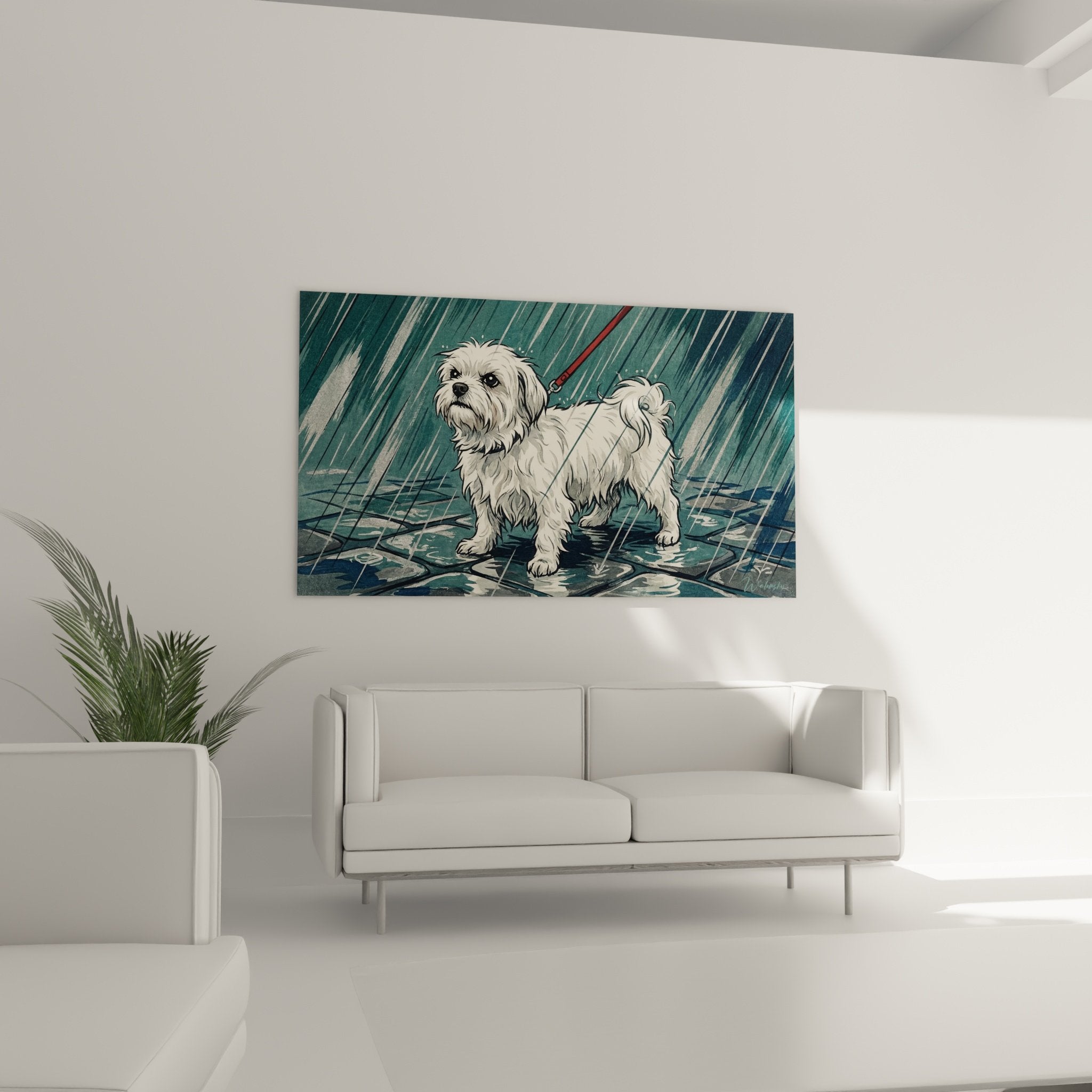 Détail tableau chien blanc sous averse, reflets sur pavés mouillés, art mural Bichon Maltais