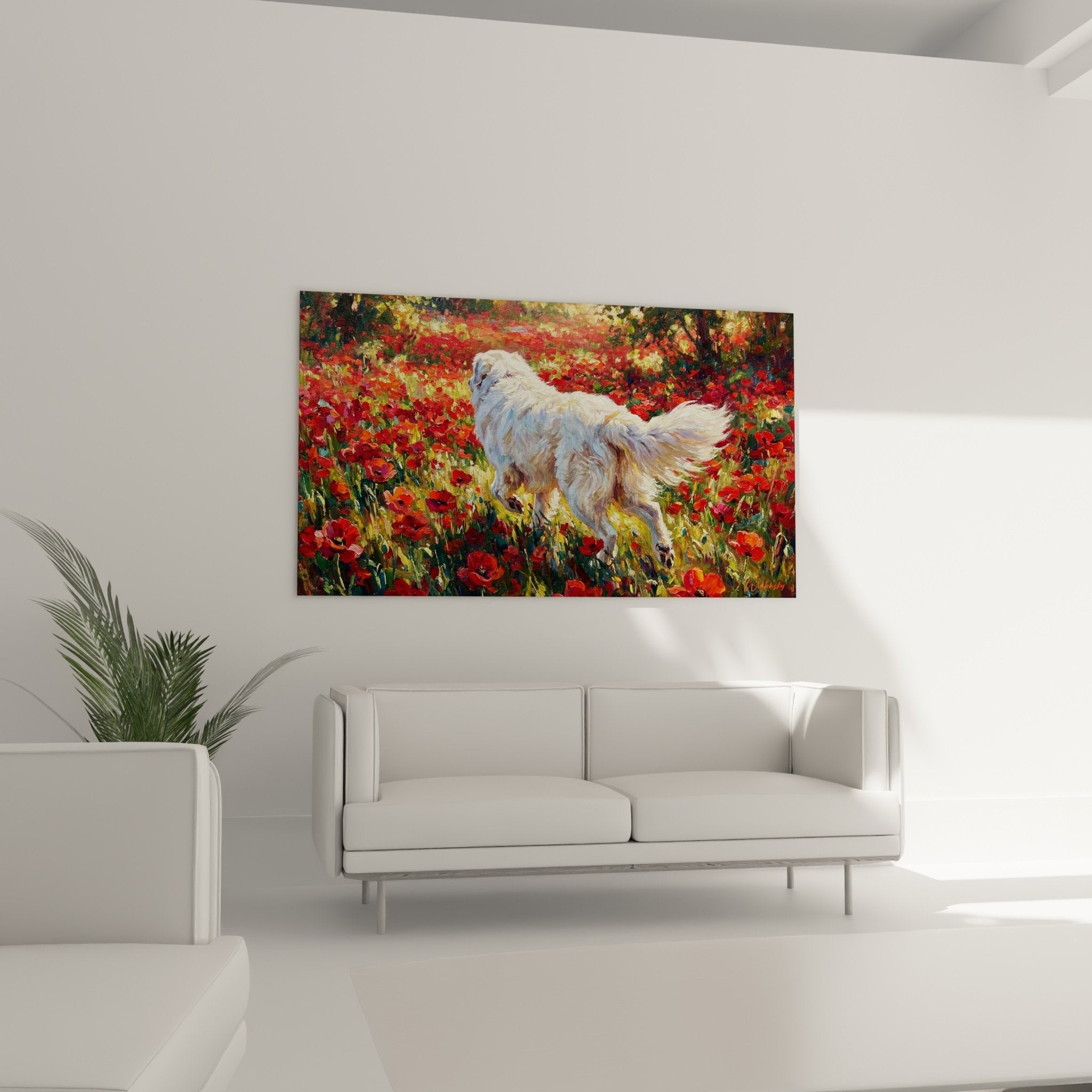 Detail Hundegemälde weißes Fell Perlmutteffekt Mohnblüten Vermillion impressionistische Technik