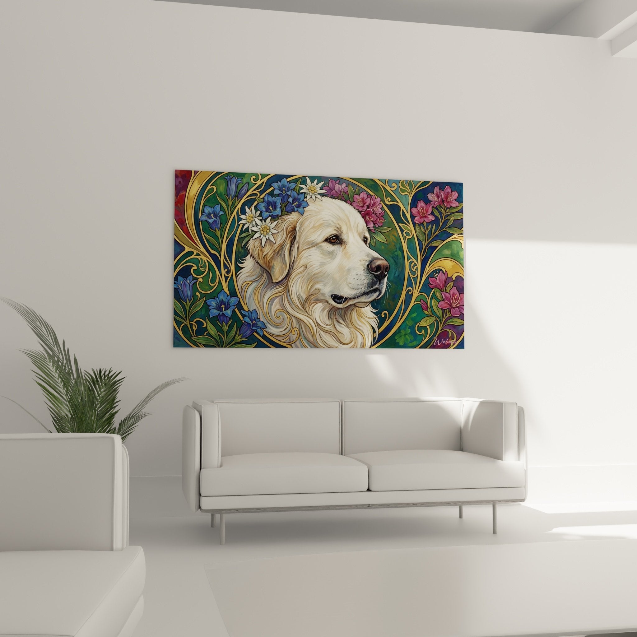 Detailporträt cremefarbener Hund mit weißen Edelweiß und goldenen Art-Déco-Ornamenten