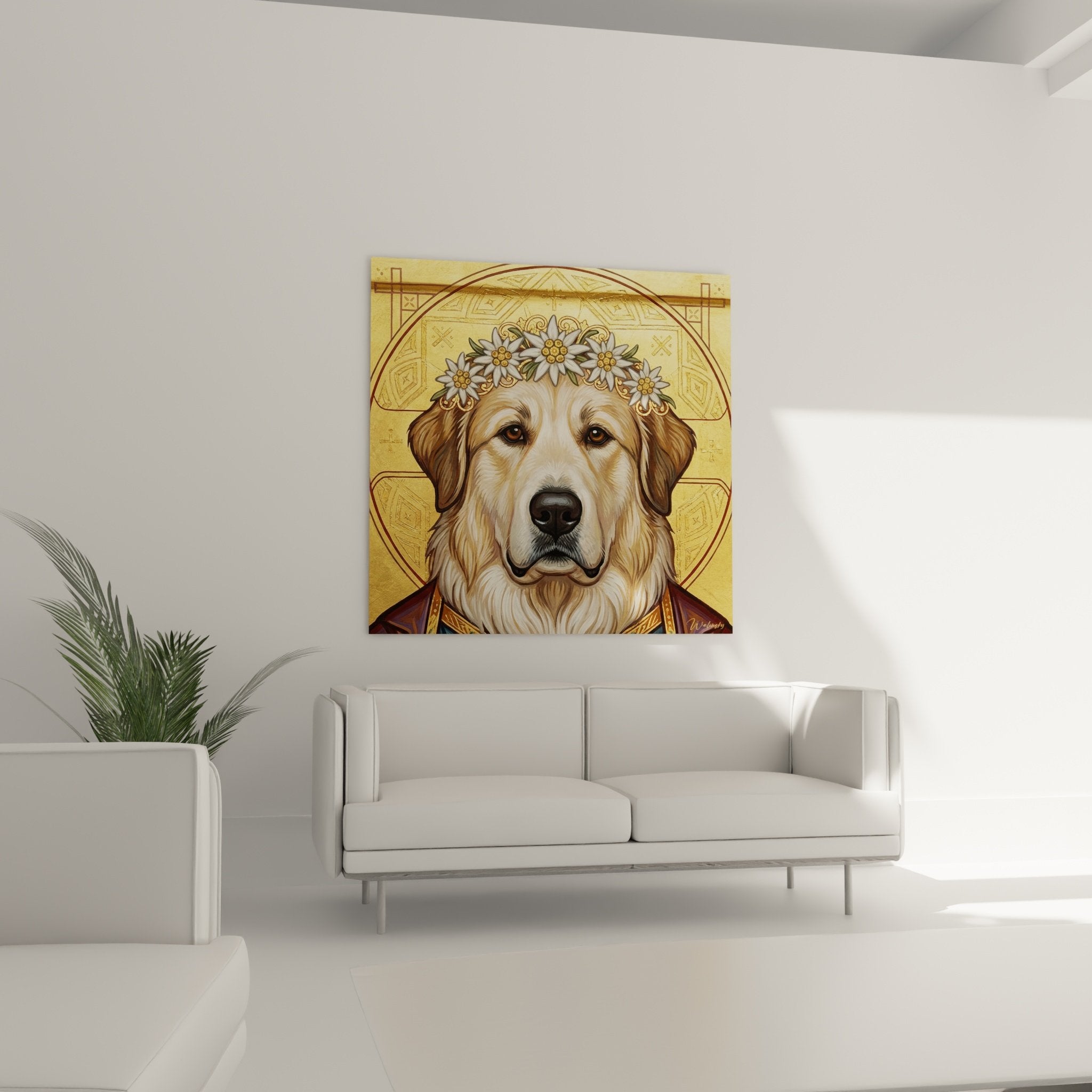 detailed portrait dog pyrenees mountain amber eyes white golden flower crown