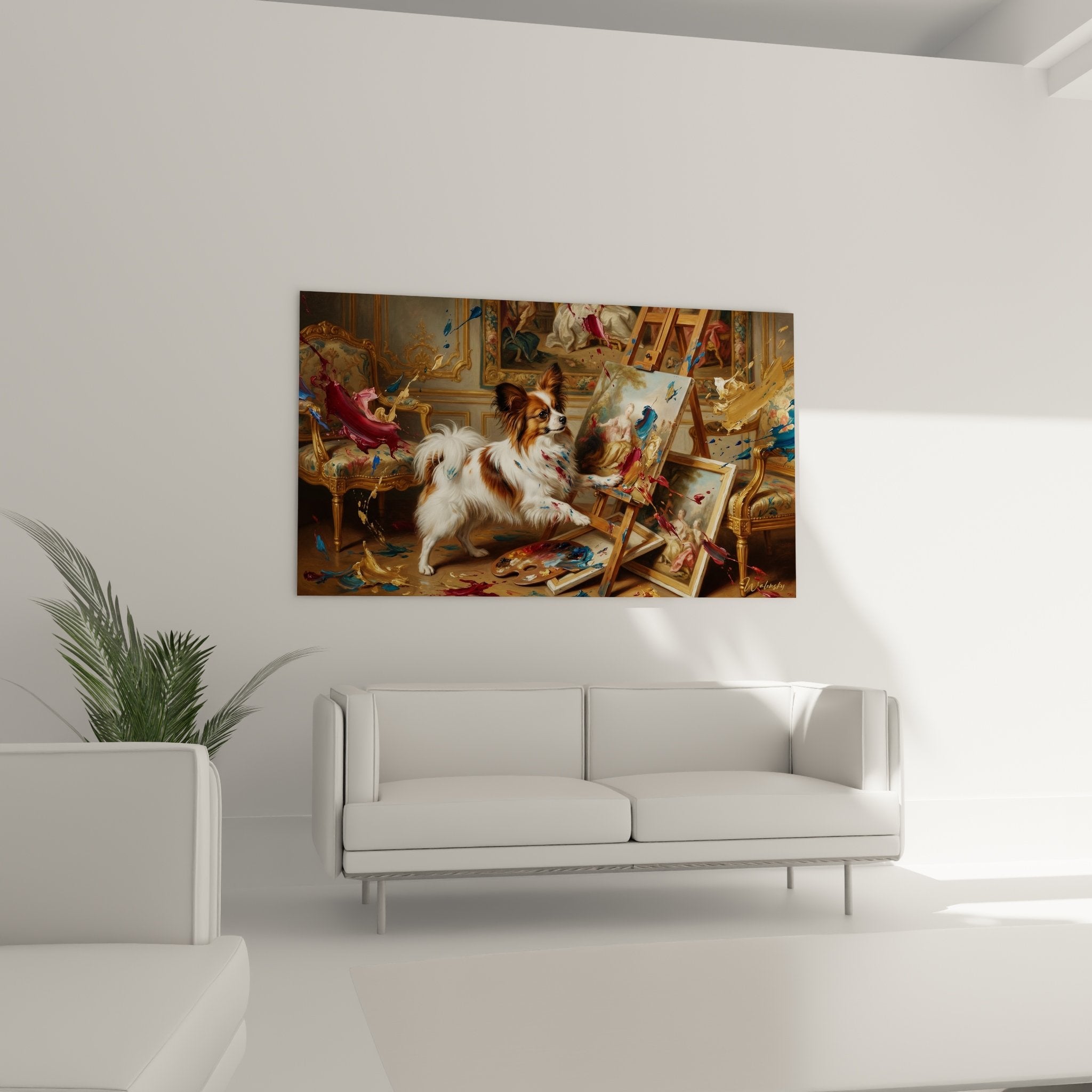 Dettaglio cane farfallino mantello rosso bianco studio pittura dorature classiche