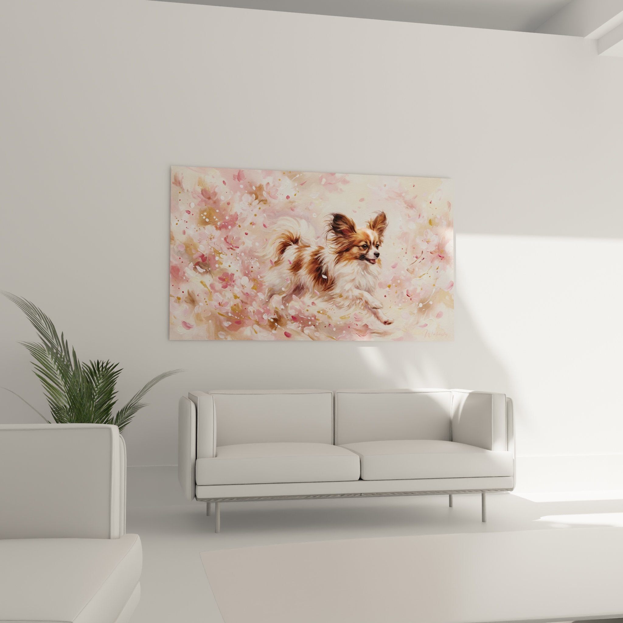 Detail Schmetterlingshund Rehbraun und Weiß in künstlerischer Wolke aus rosa Blütenblättern