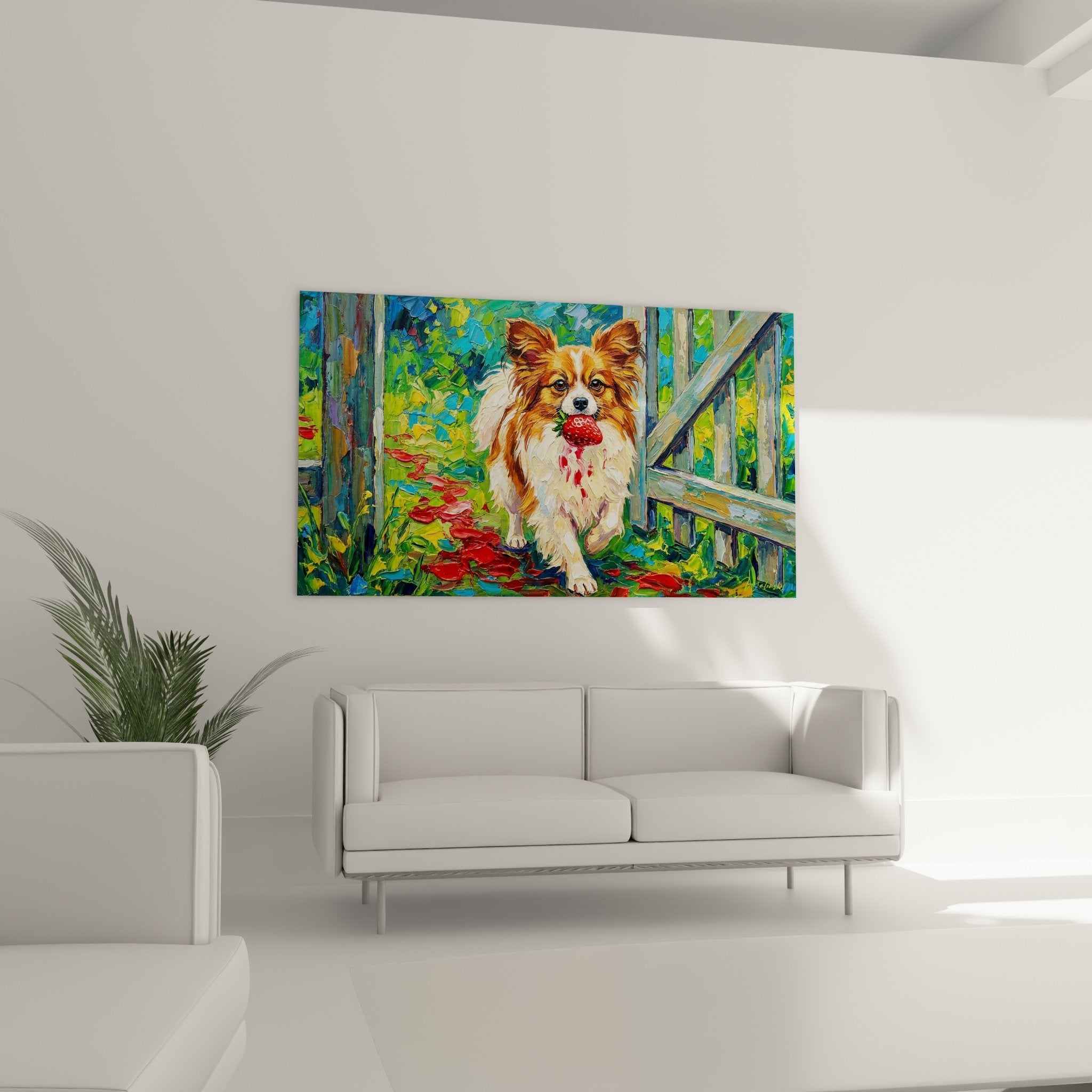 Dettaglio del quadro che mostra il Cane Papillon rosso e bianco con il suo collare rosso e i petali a terra