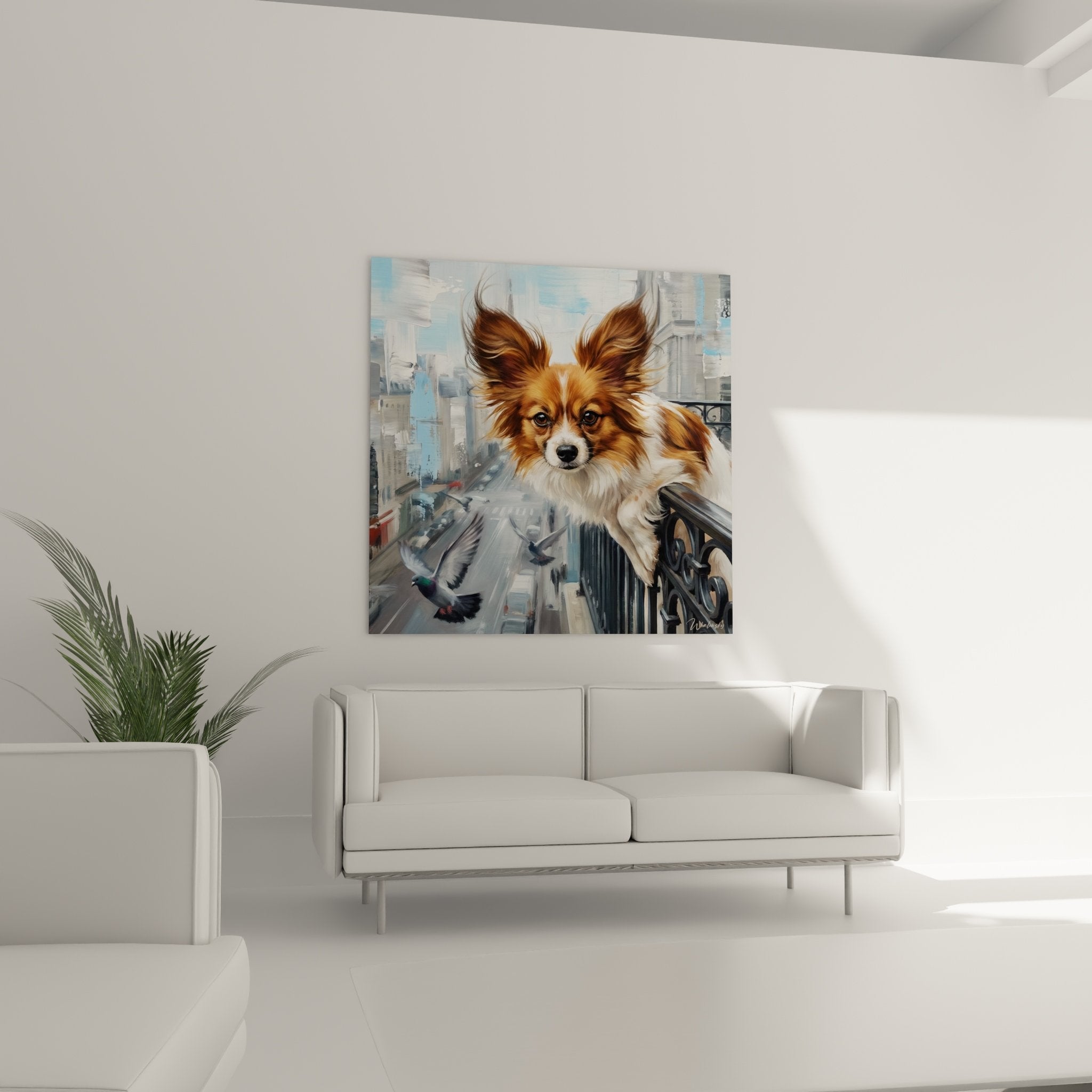 detail chien papillon roux yeux expressifs oreilles dressees fourrure doree cuivree peinture realiste