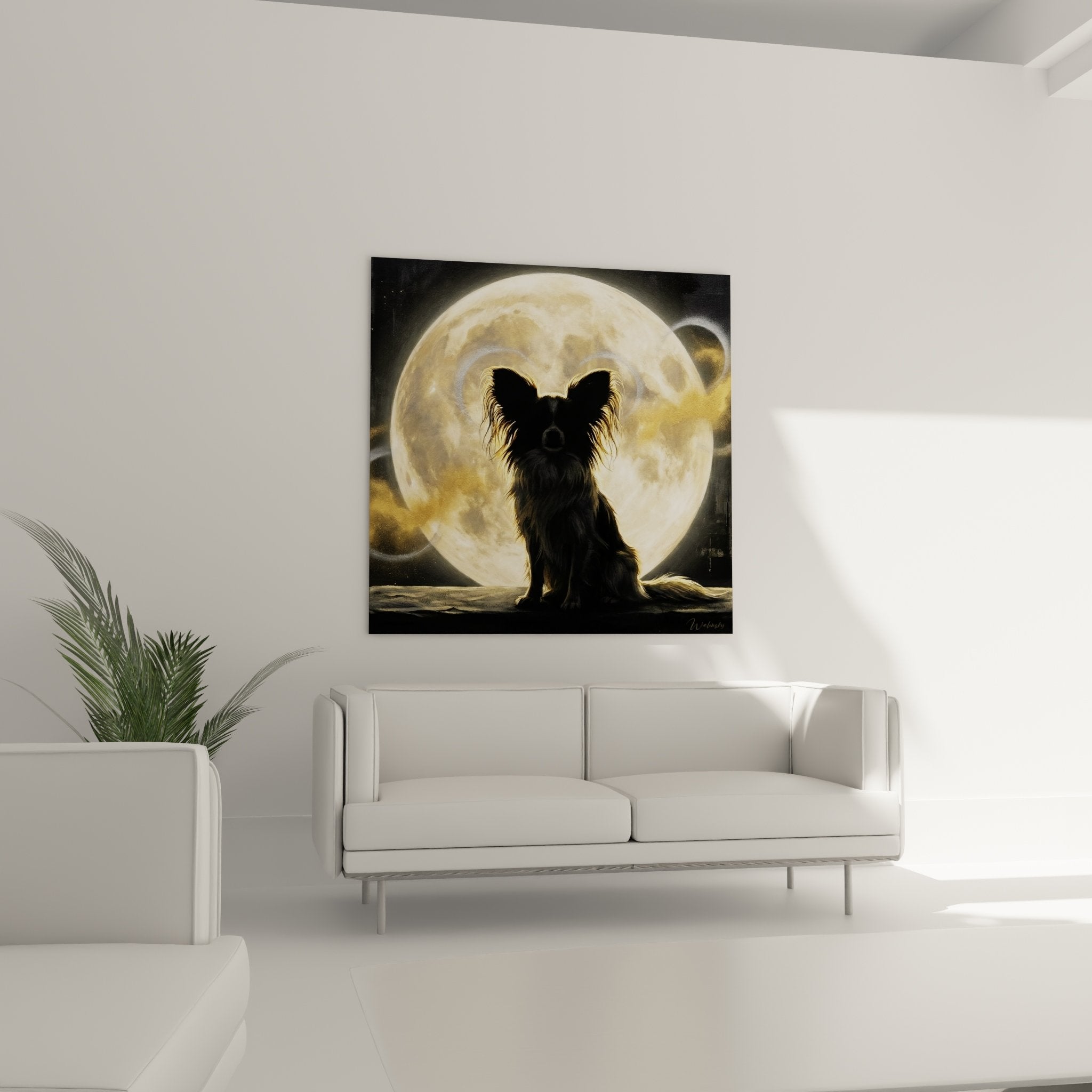Detail tableau papillon oreilles frangees silhouette noire aureole doree lumiere lunaire artistique