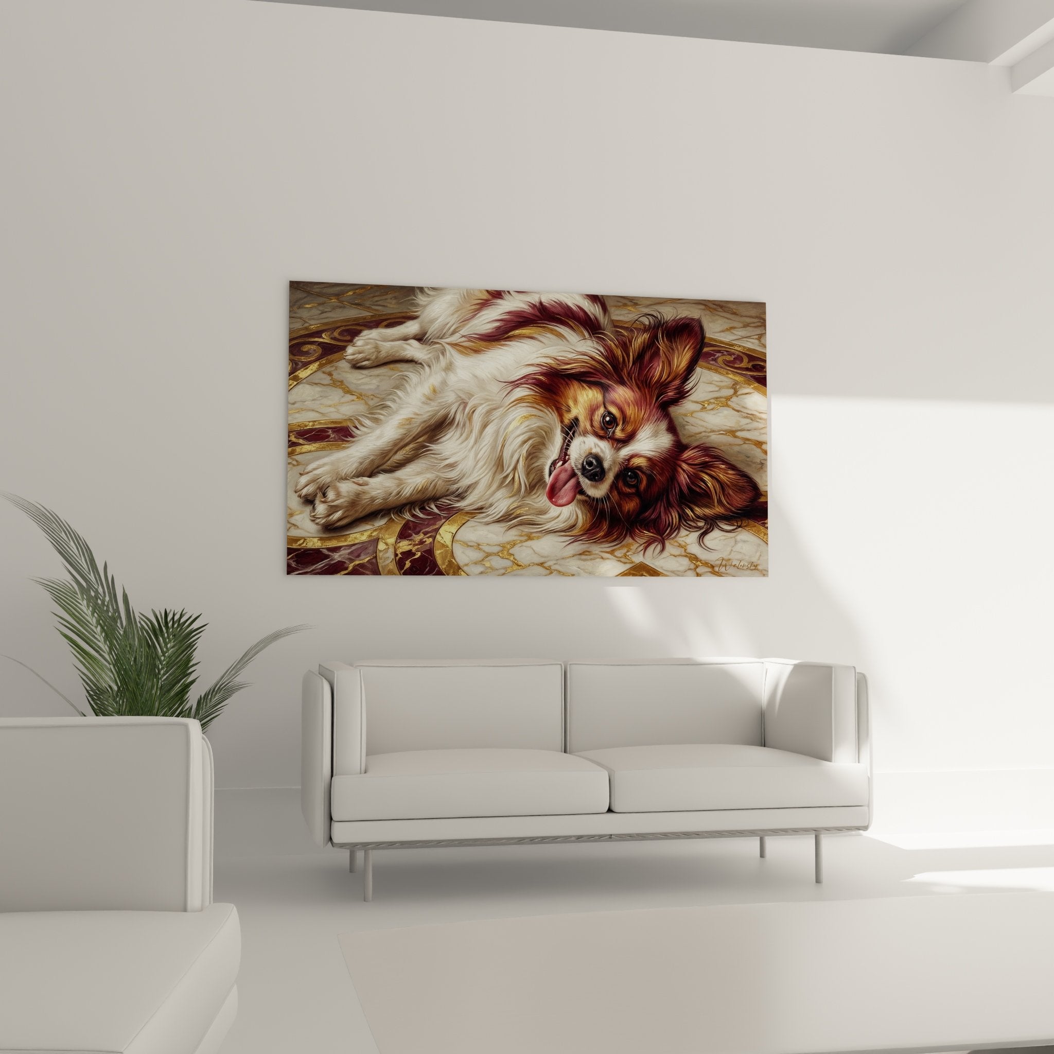 Papillon Dog portrait detail silky coat burgundy white on marbled background with precious gold veining