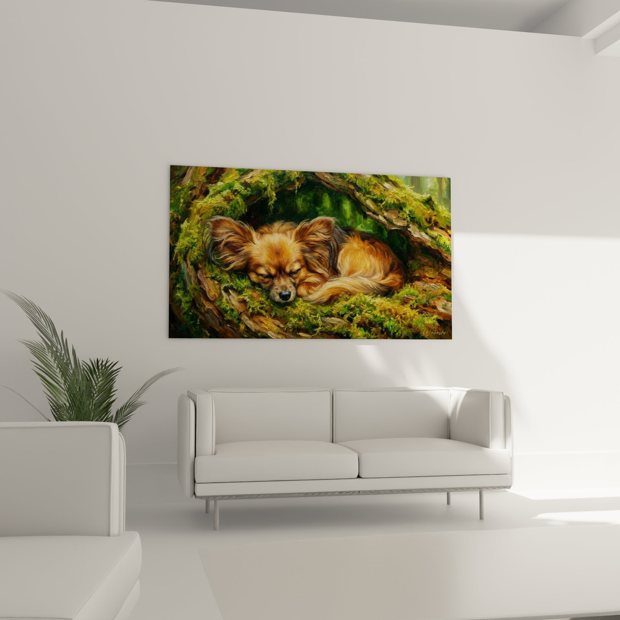 Detail peinture chien papillon pelage dore cuivre oreilles frangees texture mousse verte foret lumiere douce