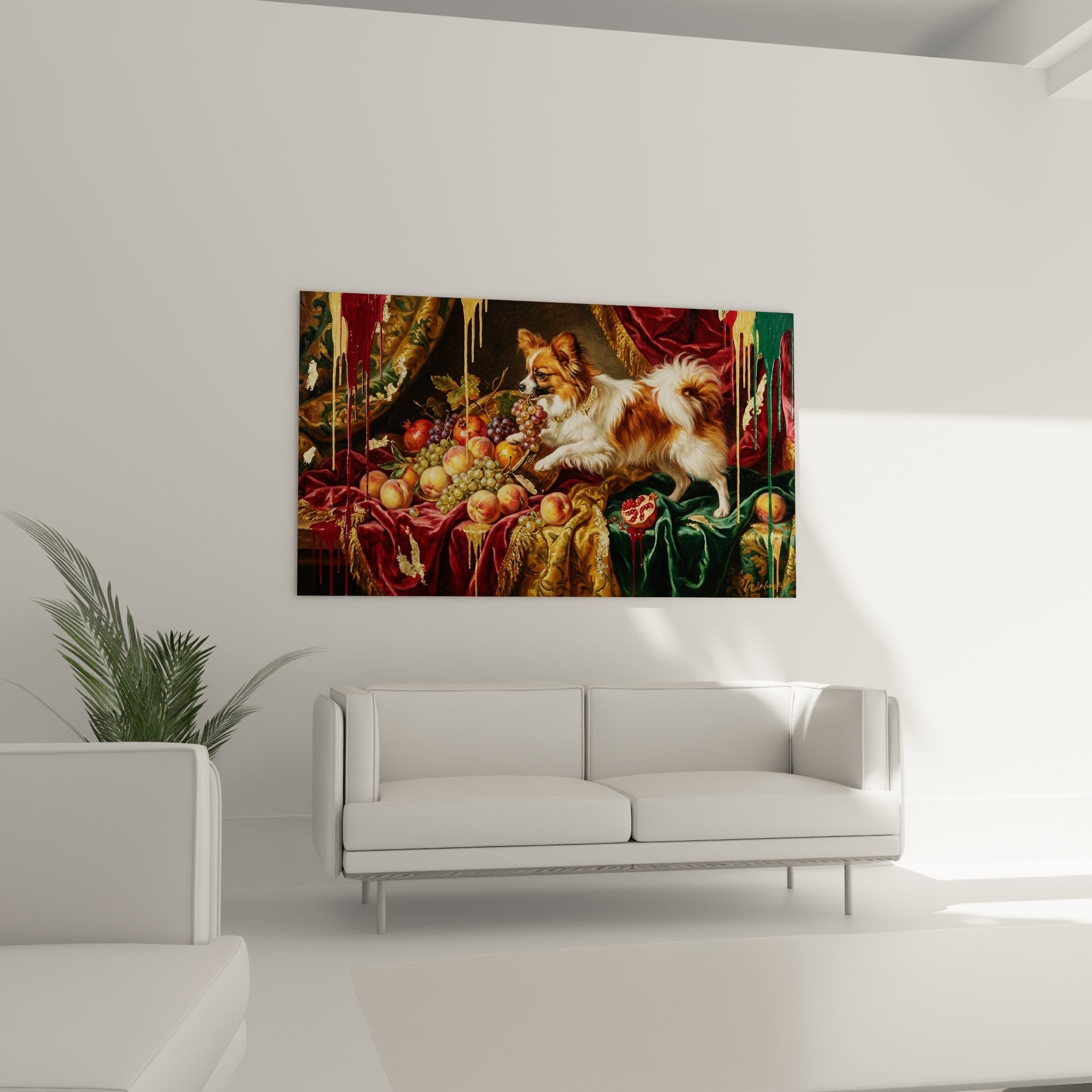 Détail tableau Papillon pelage soyeux roux blanc fruits pêches raisin hyperréaliste textures précises