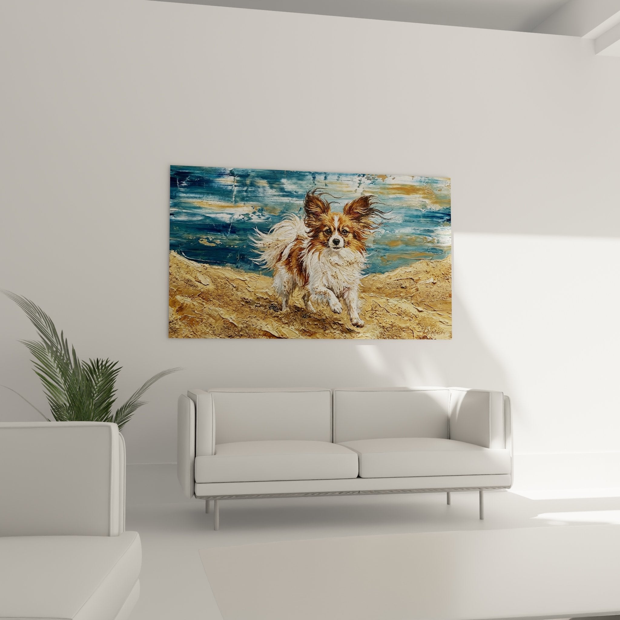 Détail gros plan chien papillon oreilles soyeuses pelage brun blanc technique picturale impressionniste mouvement