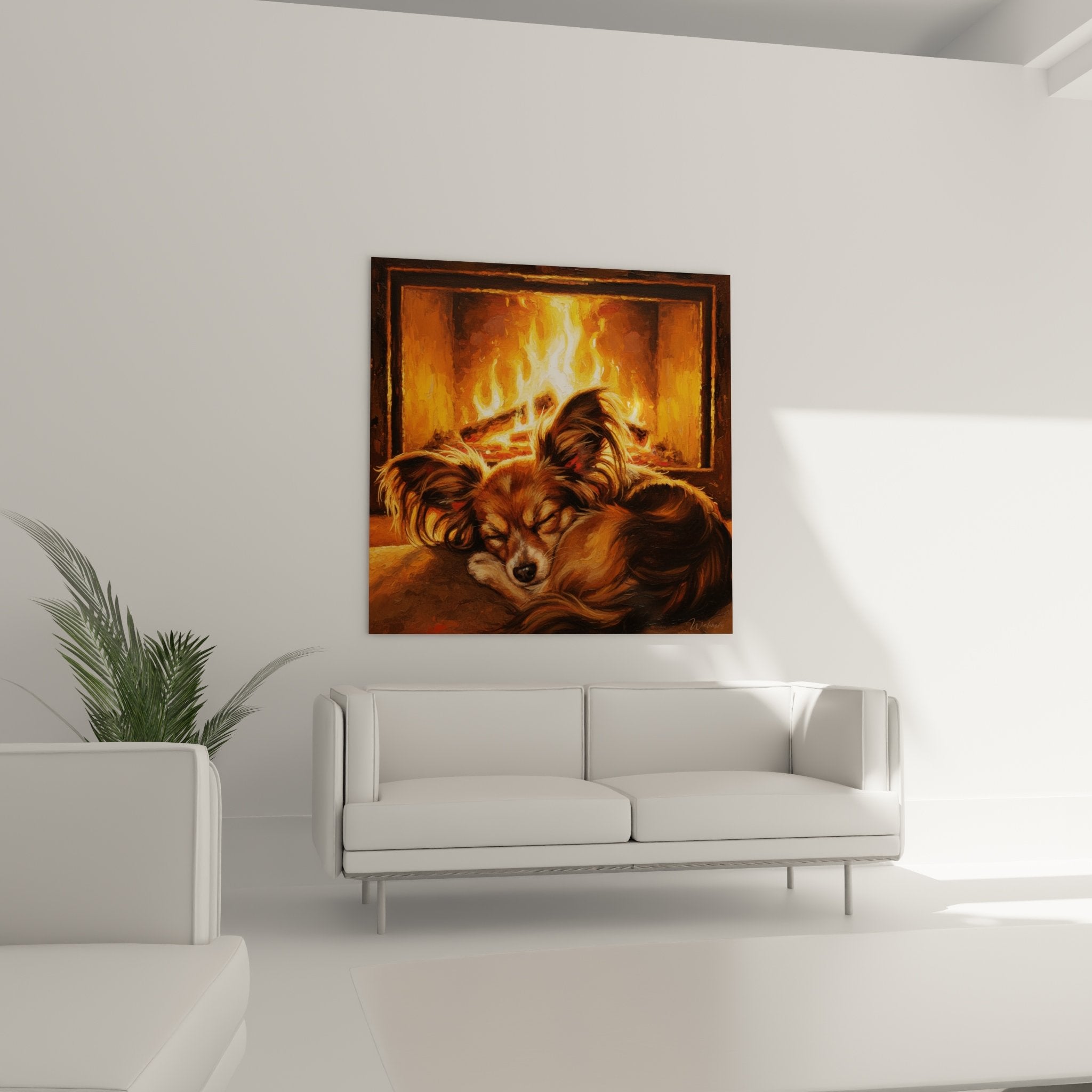 Close-up dog butterfly painting rust white coat illuminated by orange flames detailed texture