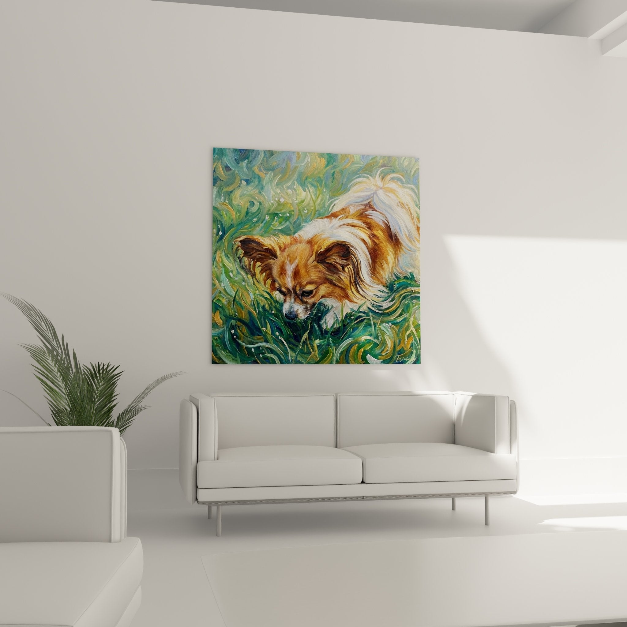 Hundegemälde Detail Papillon rothaarig goldenes Fell seidiger Ohren grünes Gras künstlerische Spiralen