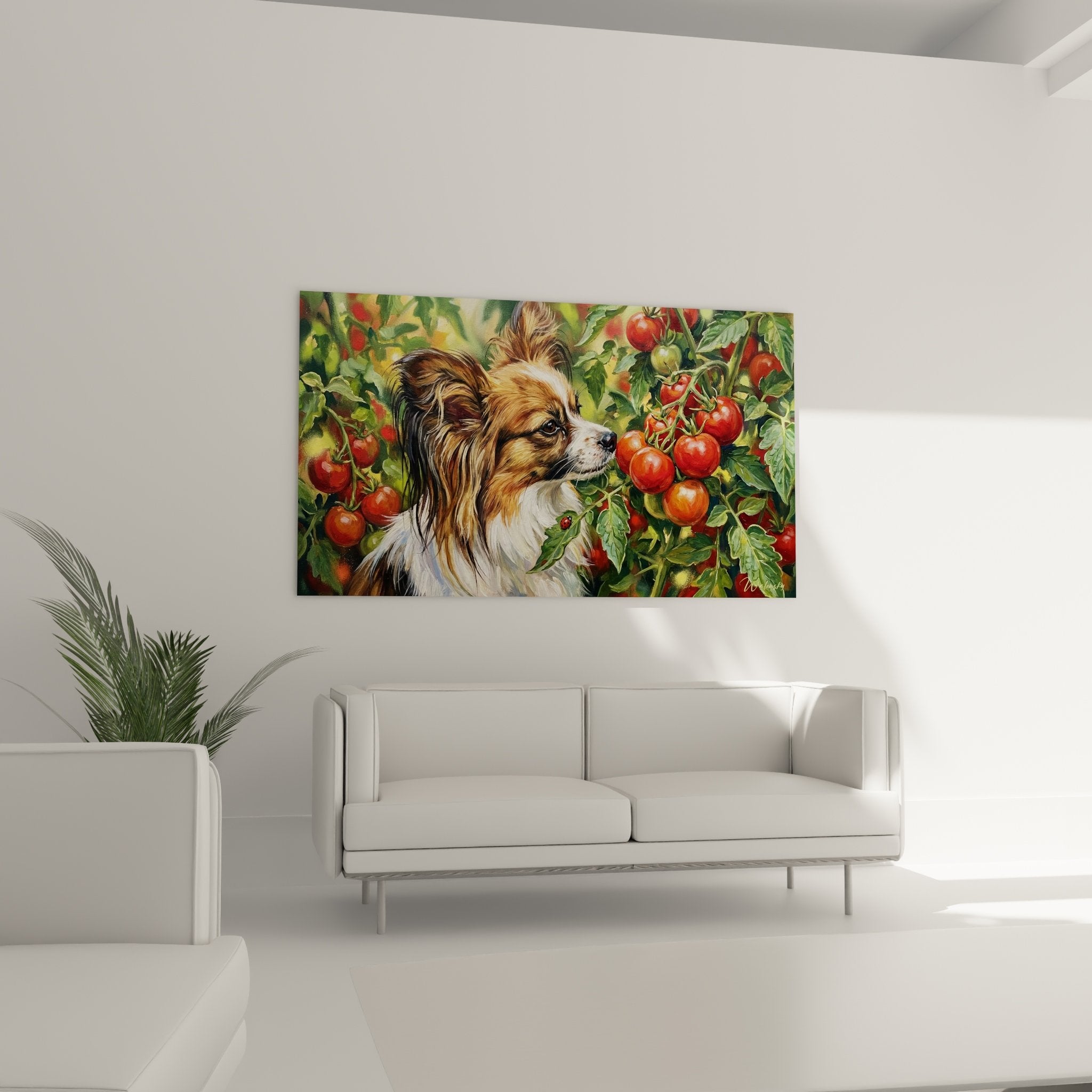 Détail gros plan chien papillon oreilles soyeuses pelage tricolore tomates rouges peinture réaliste