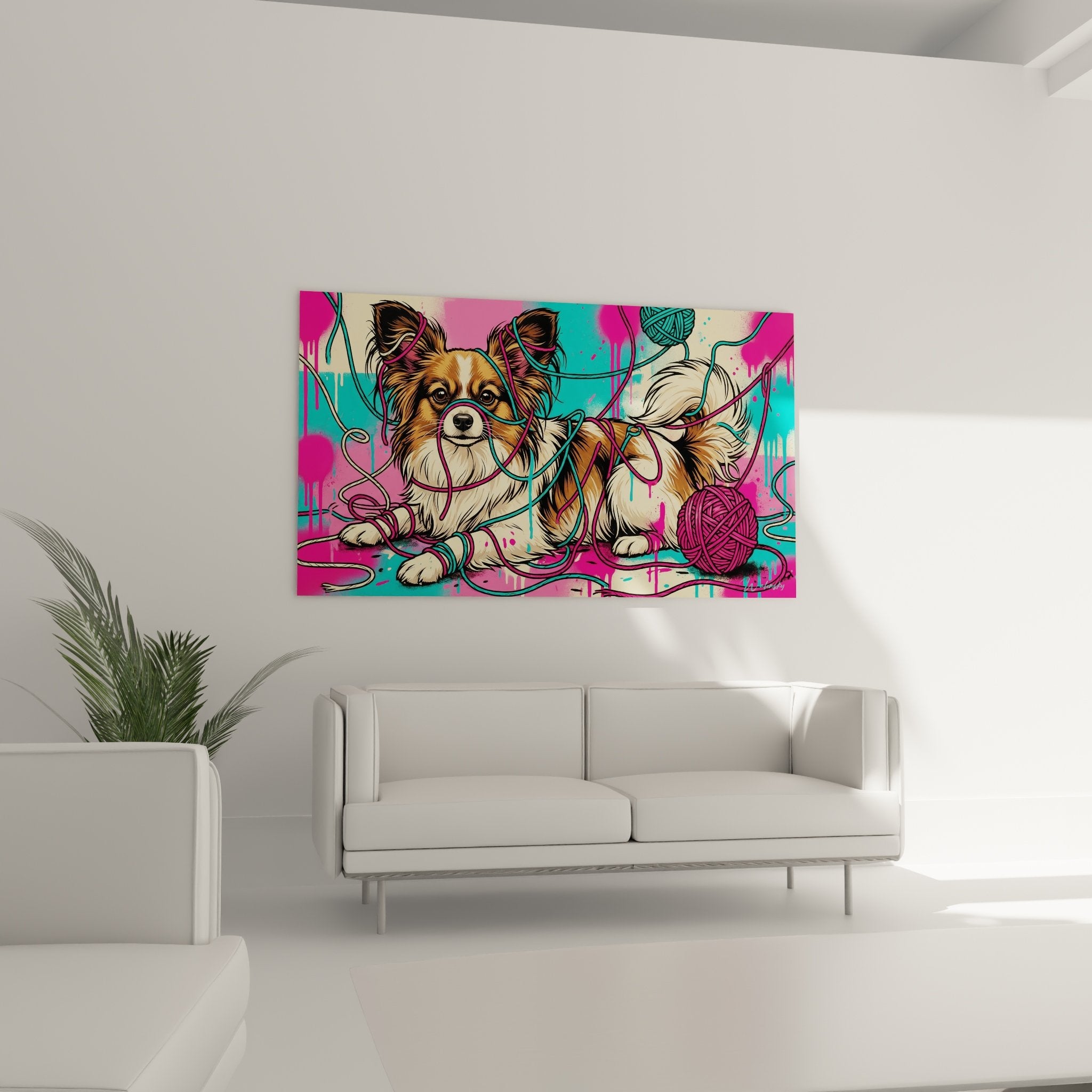 Dettaglio quadro cane farfalla orecchie ritte matasse lana colorata stile pop art contemporaneo