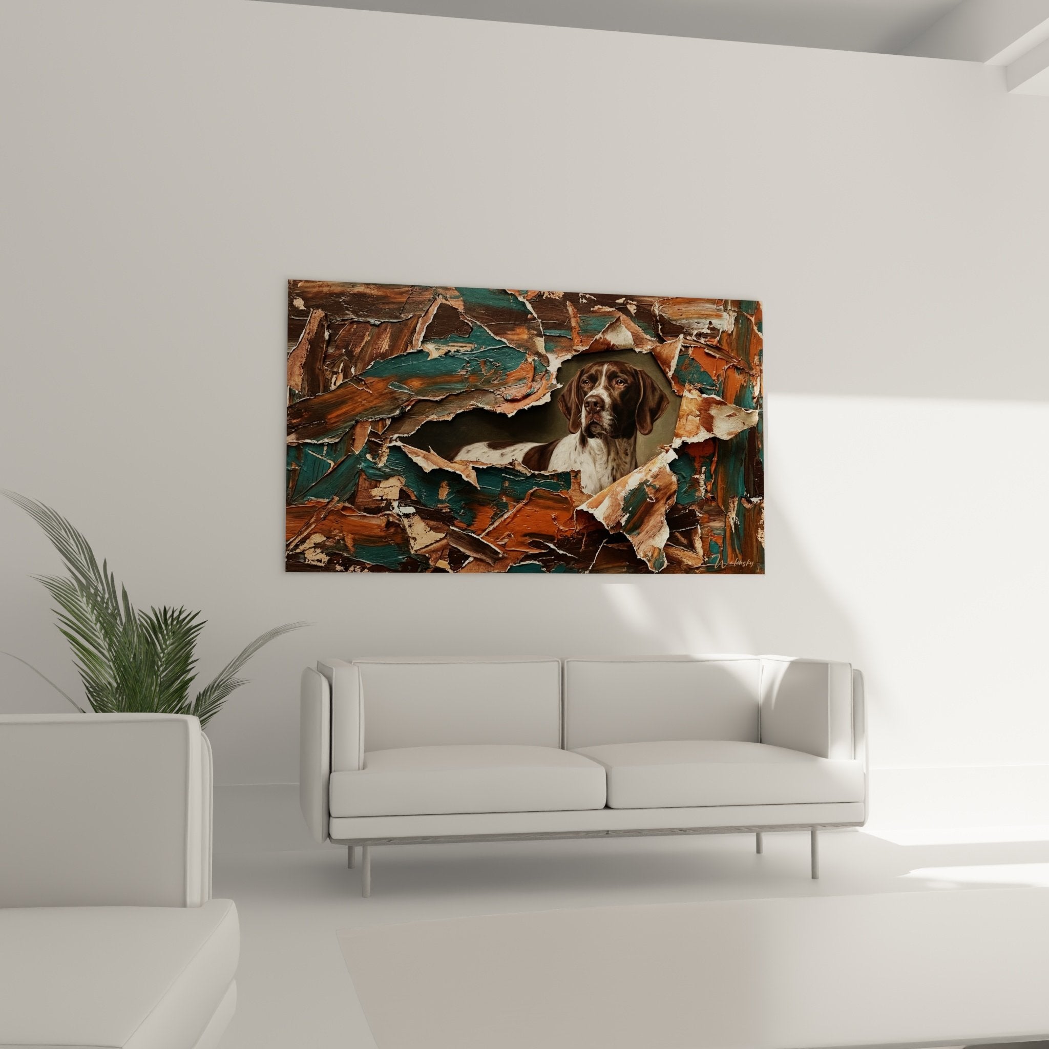 Dettaglio quadro cane Pointer sguardo intenso cortecce scolpite texture ruvide arte murale