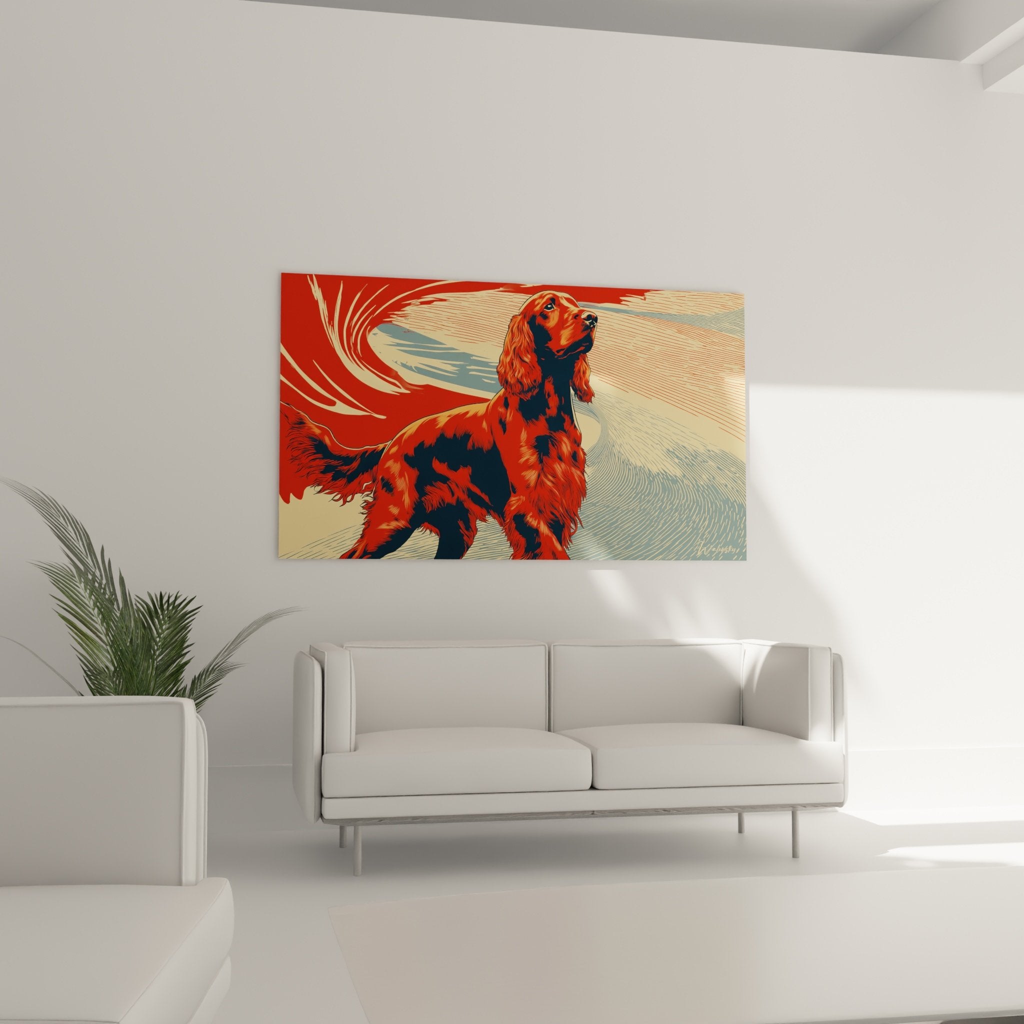 Détail tableau chien roux pelage soyeux lignes courbes art moderne Setter Irlandais