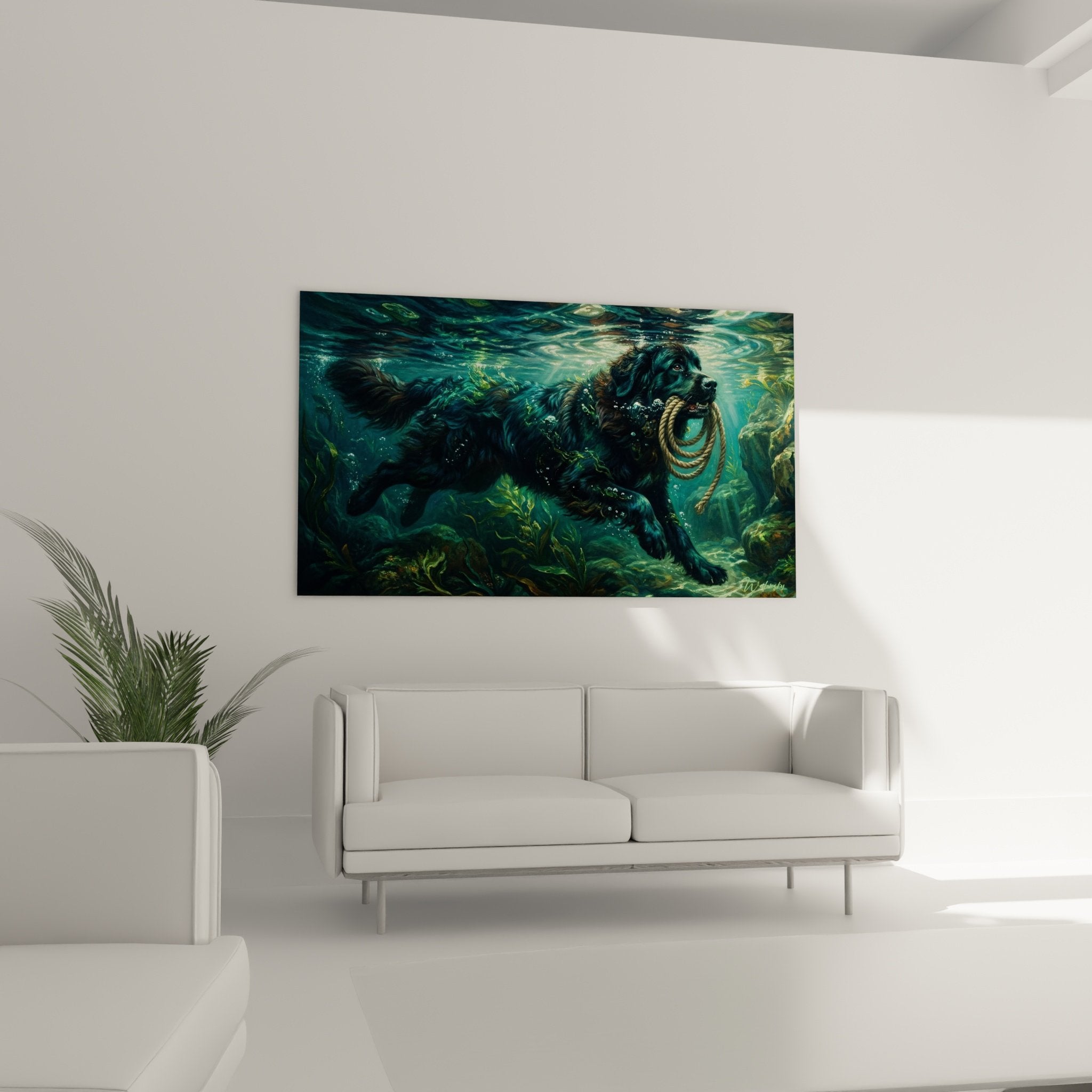 Détail peinture Terre Neuve sauveteur aquatique avec bulles et reflets dorés sous-marins