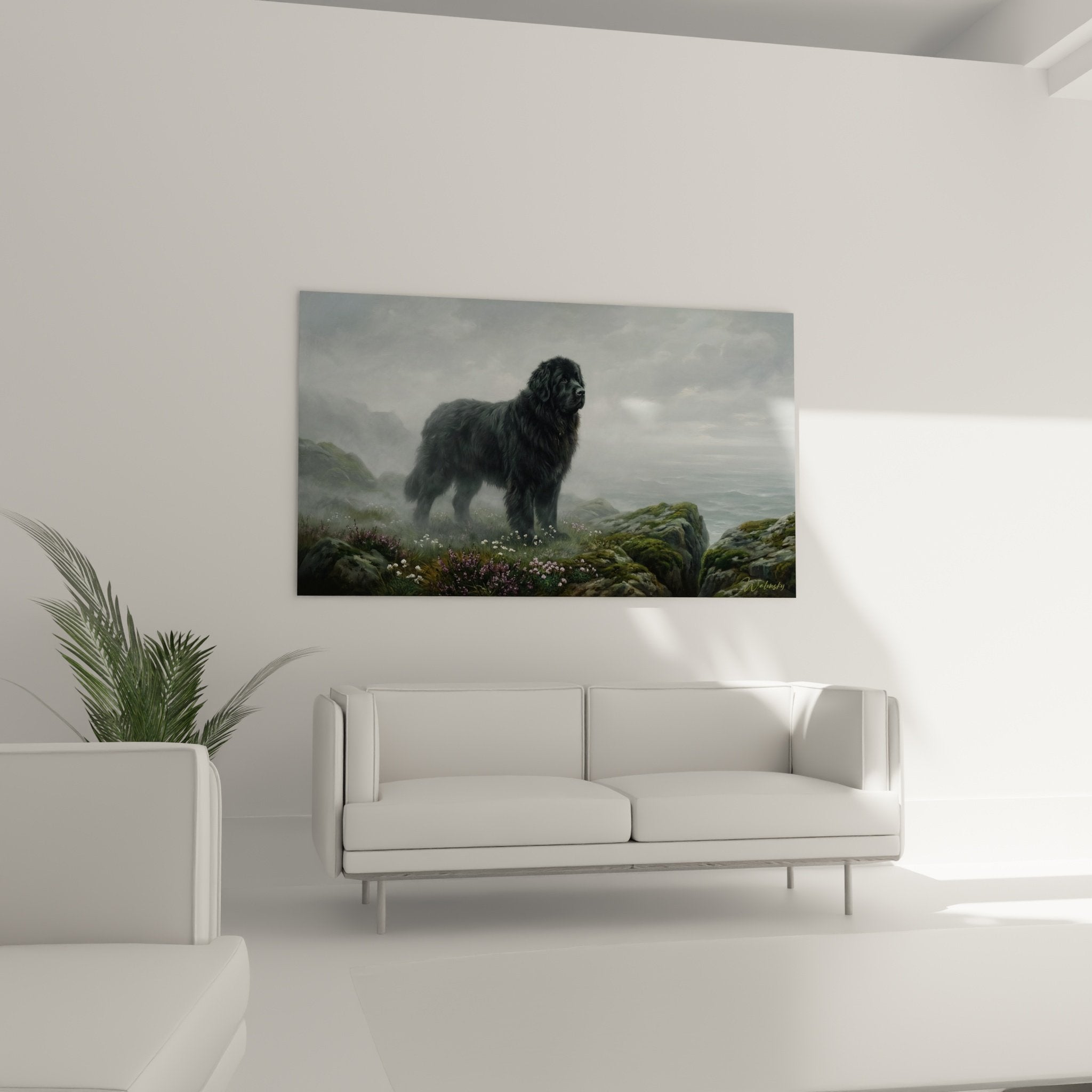 Detail tableau chien Terre Neuve pelage noir profond brume ocean fleurs violettes blanches rochers