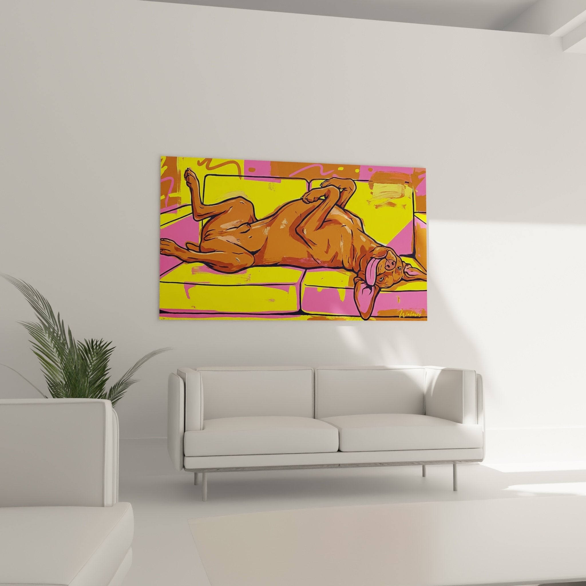 Détail tableau chien roux langue pendante style pop art contours noirs couleurs saturées artistique