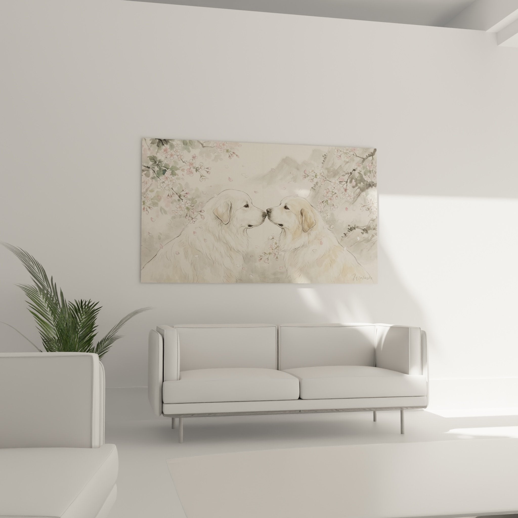 Detail peinture chiens blancs pelage texture aquarelle petales roses cerisier art oriental