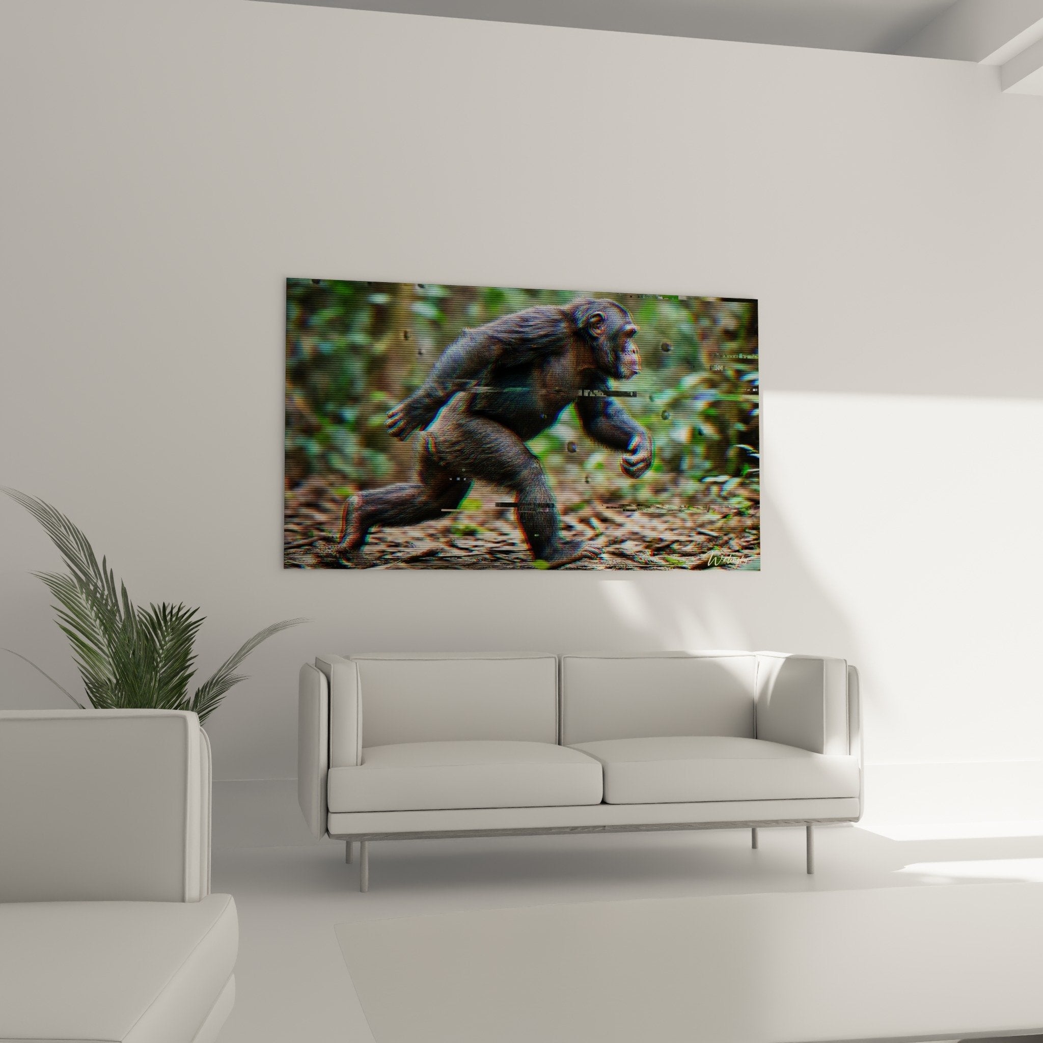 Détail rapproché du chimpanzé avec aberrations chromatiques RVB et texture glitch numérique artistique