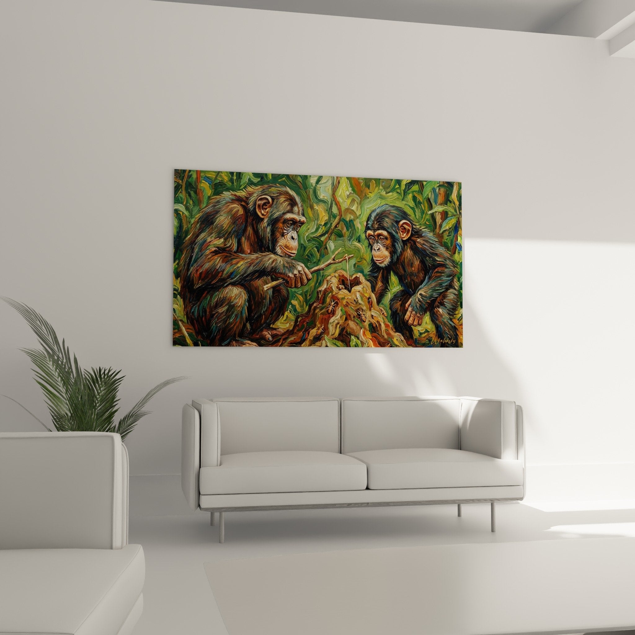 Close-up chimpanzee painting brown ochre fur tones expressive brushwork jungle technique