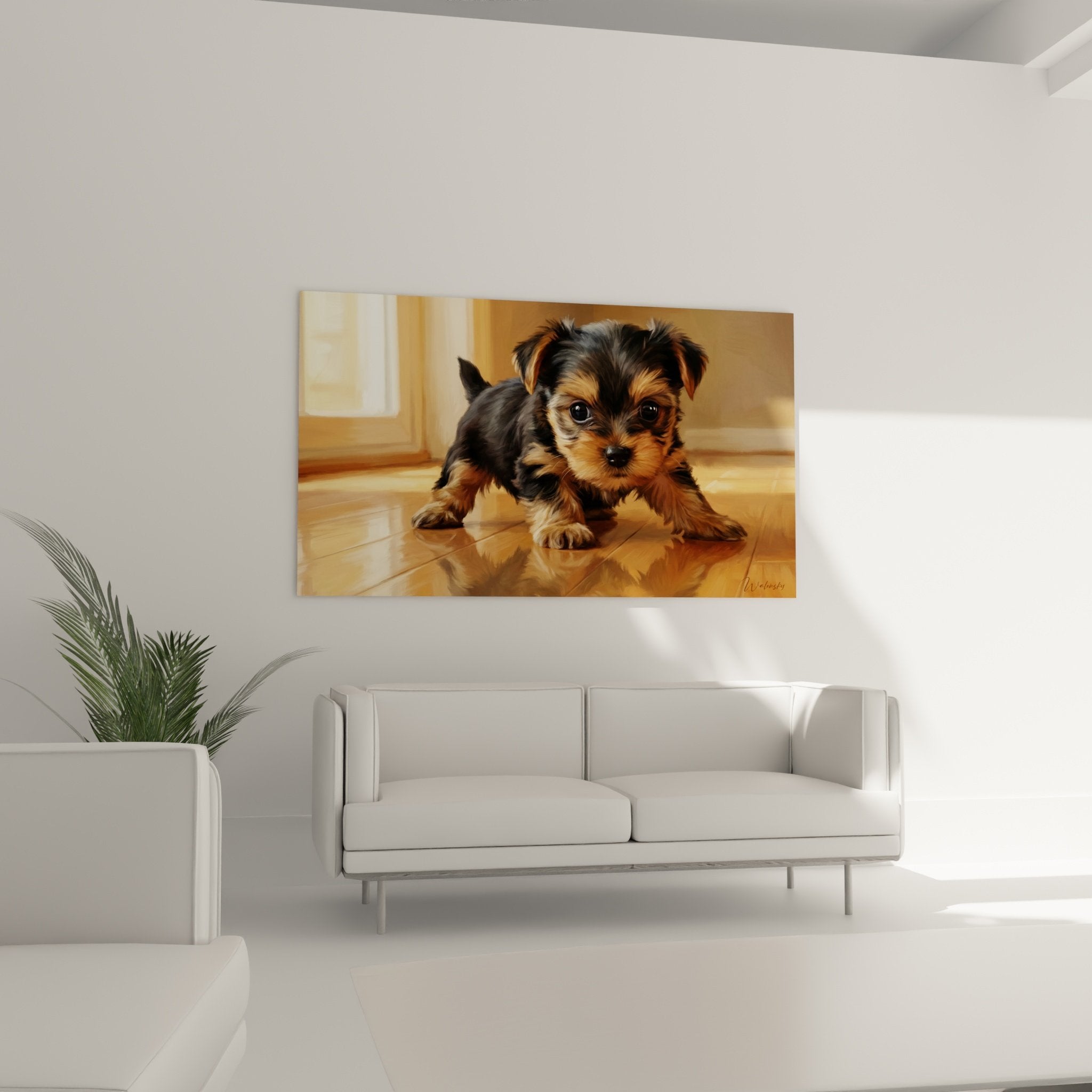 Détail tableau chiot Yorkshire pelage doré et brun yeux brillants expression attendrissante