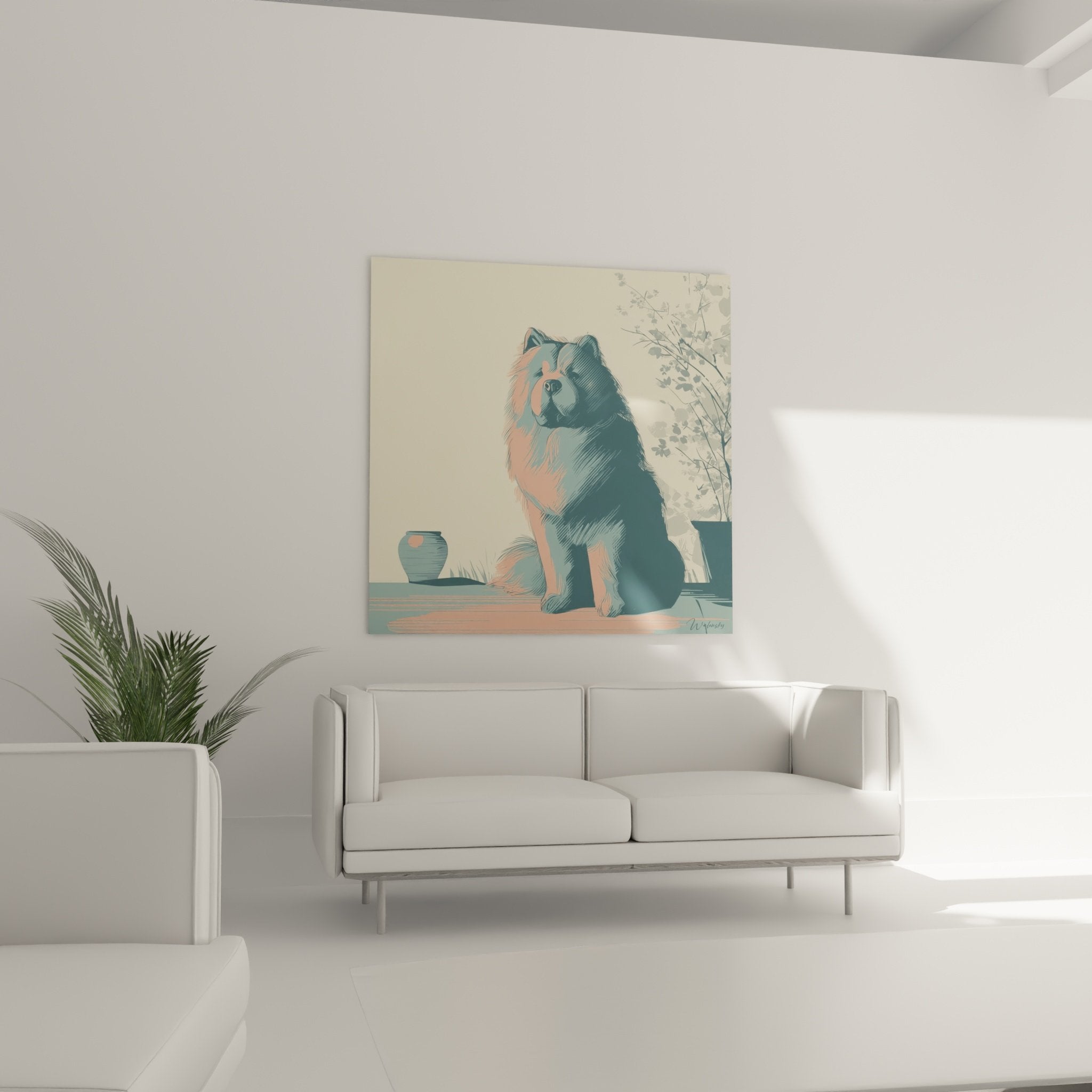 Détail rapproché tableau Chow Chow montrant pelage bleu-vert rose et technique hachures graphiques artistiques