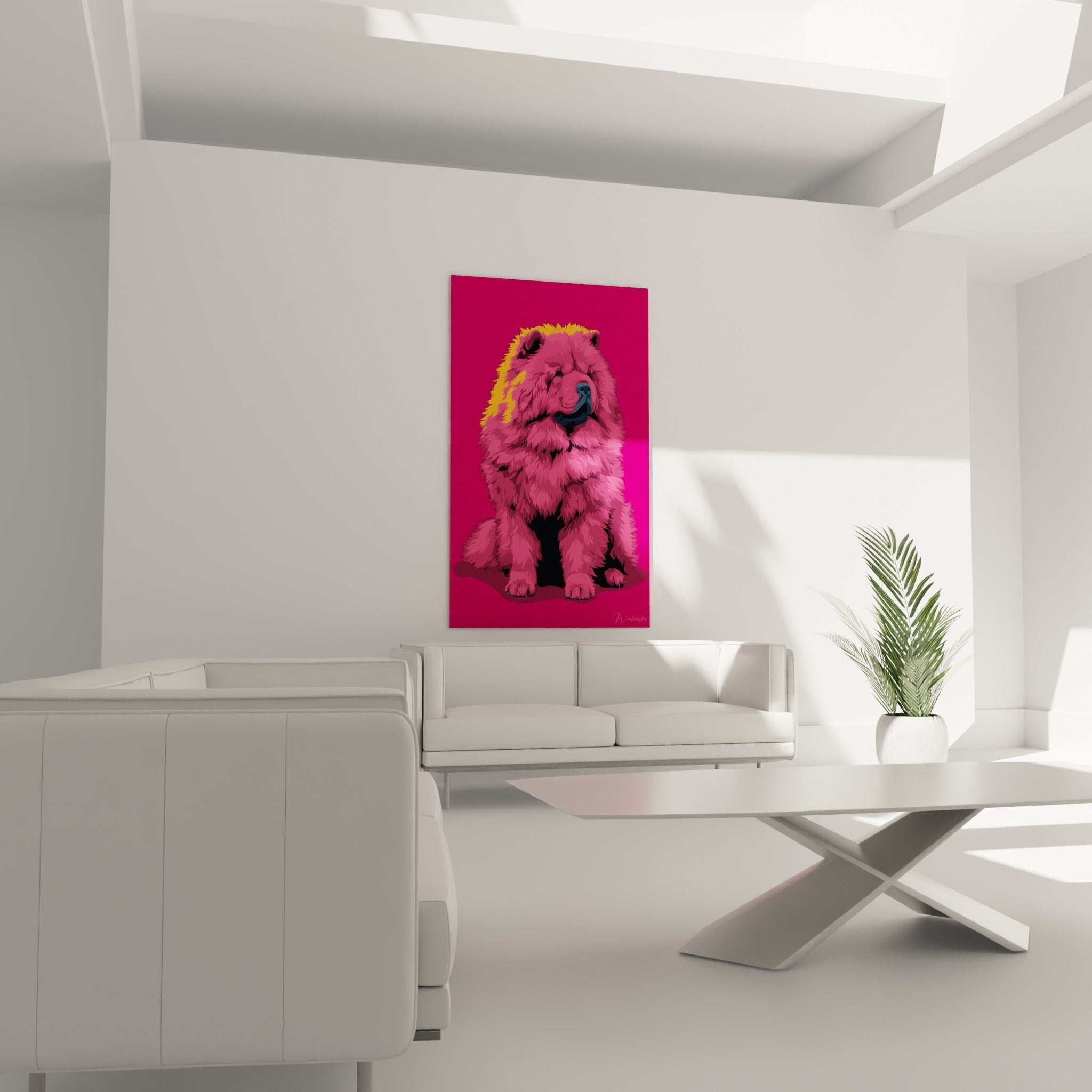 Détail gros plan portrait Chow Chow artistique pelage rose magenta texture fournie reflets dorés