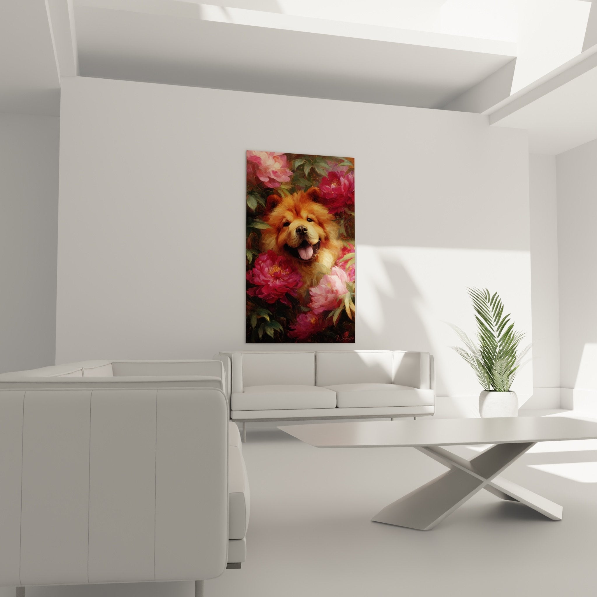 Détail rapproché du chow chow doré et des pivoines colorées aux pétales délicats