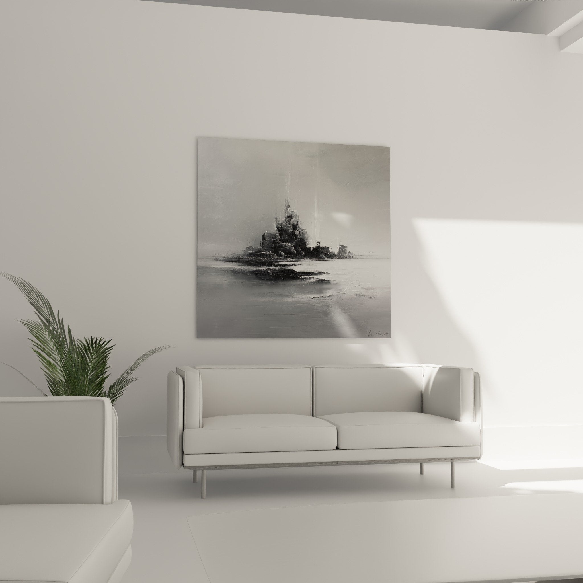 Detail Gemälde neblige Zitadelle graue Töne Säulen Licht Feng Shui Westen Metall