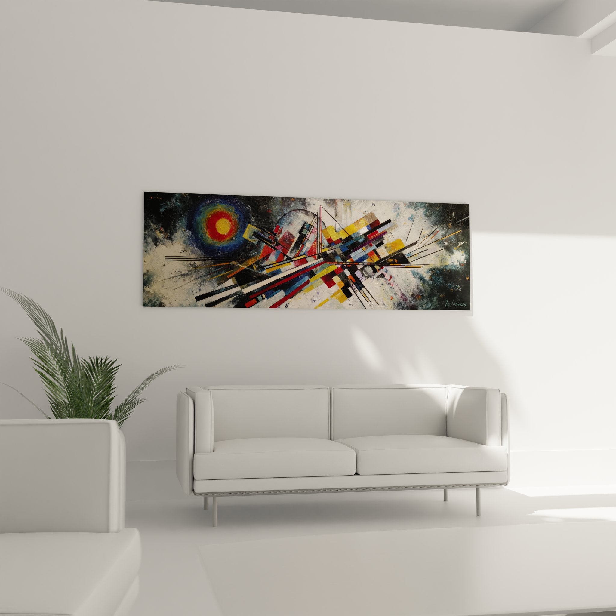 Détail rapproché tableau abstrait montrant formes géométriques colorées et lignes dynamiques entrelacées