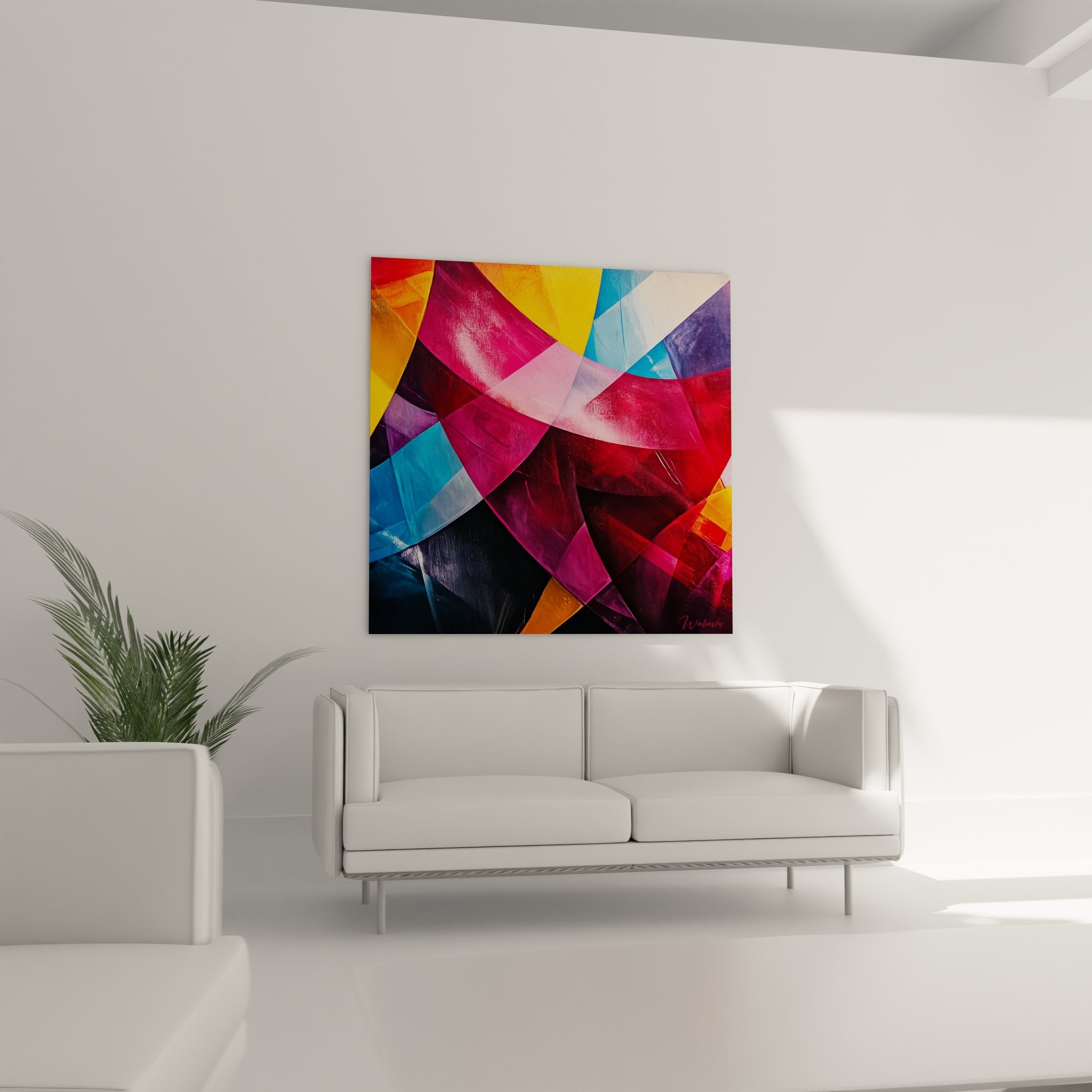 Gros plan détail tableau abstrait géométrique montrant textures et superpositions colorées