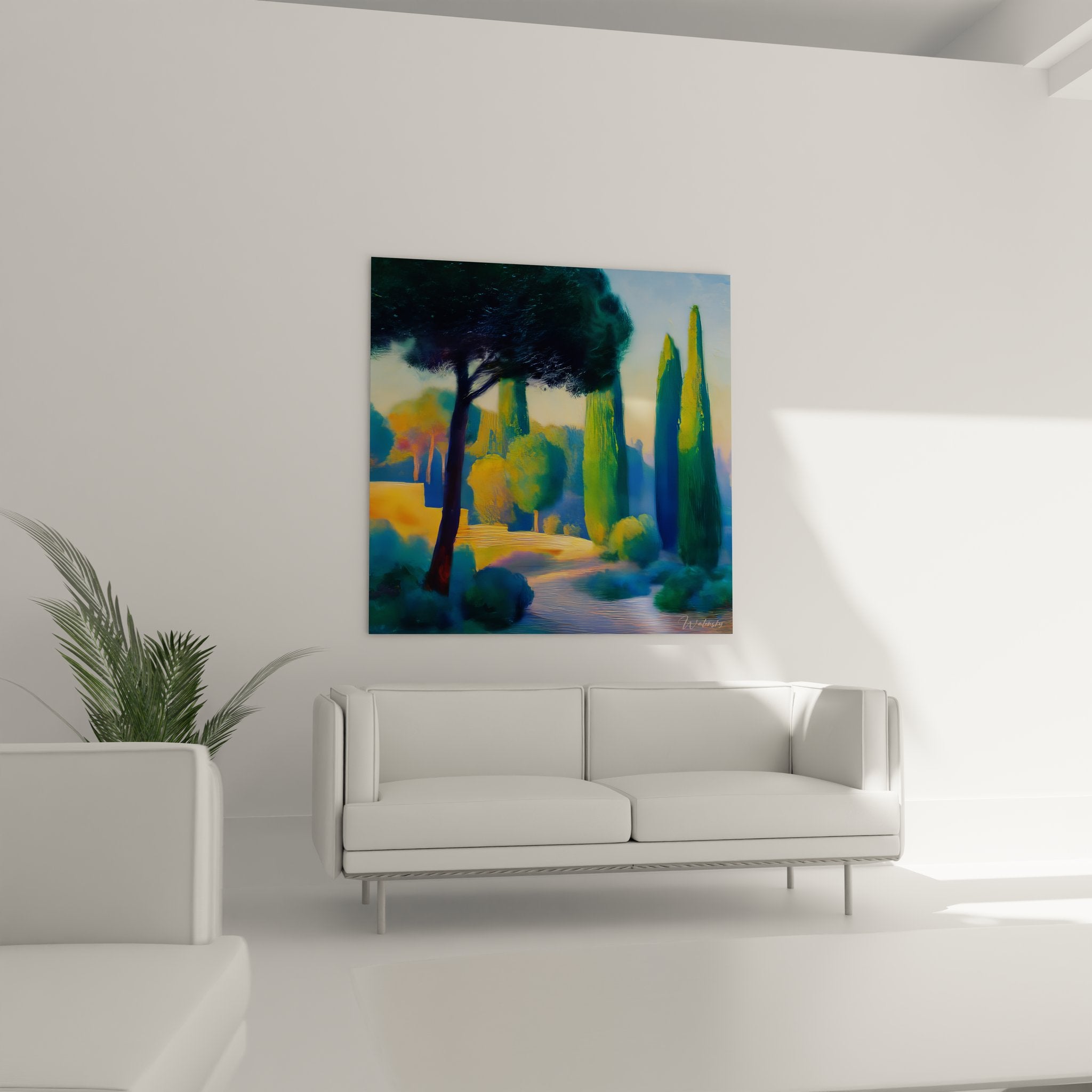 Détail gros plan tableau abstrait méditerranéen montrant technique picturale et nuances colorées