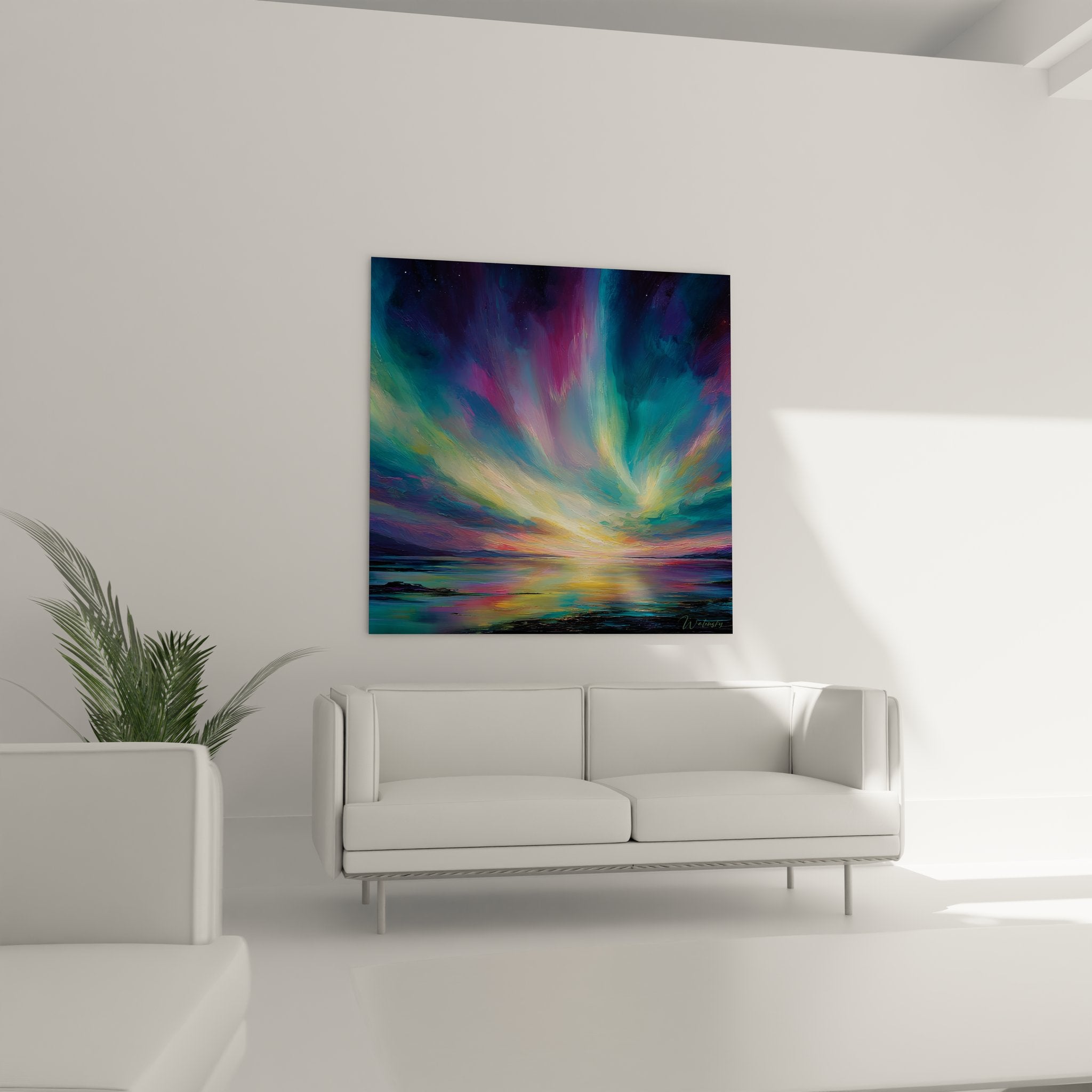 Gros plan détail tableau aurore boréale montrant textures pinceaux et nuances couleurs paysage marin