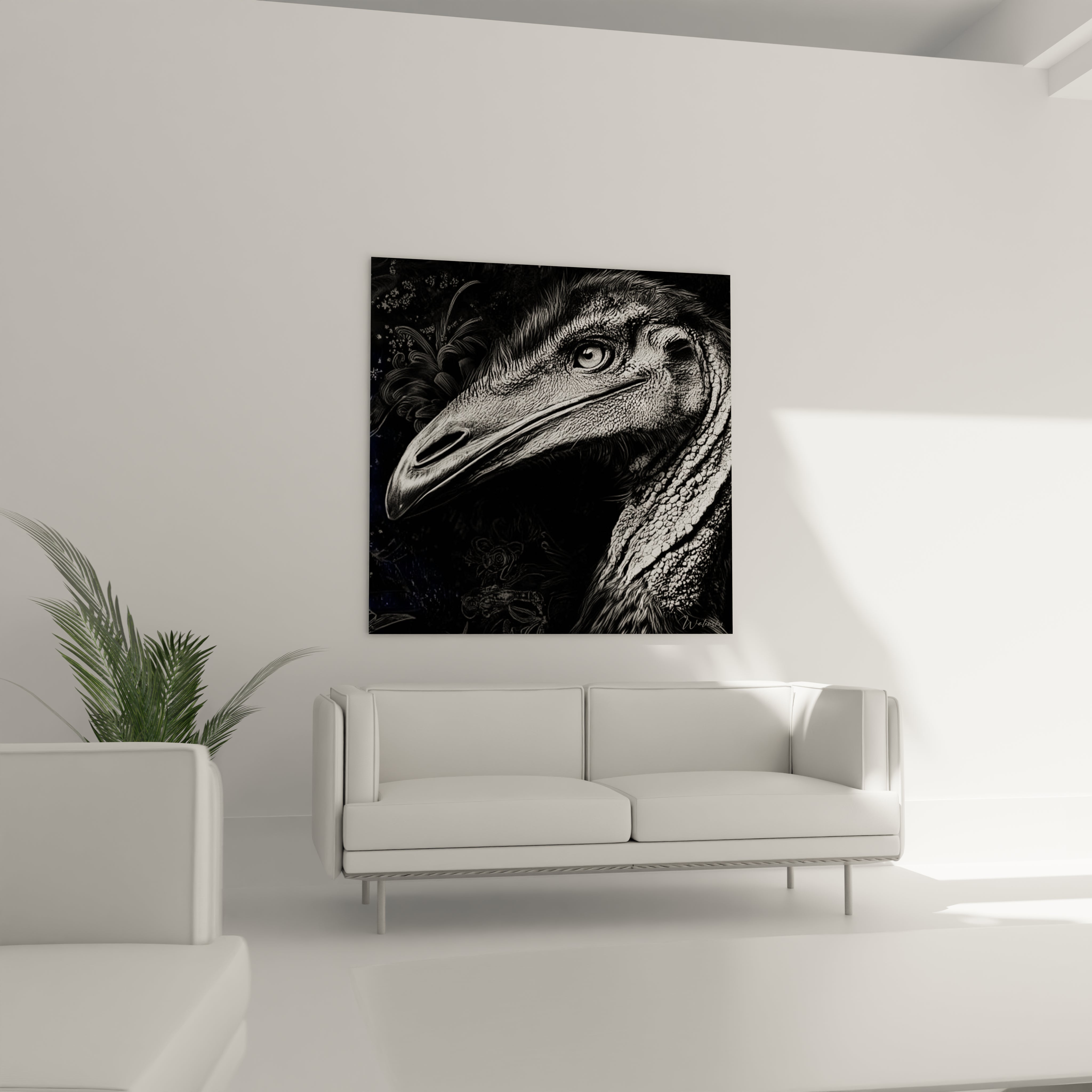 Gros plan détail tableau oiseau préhistorique textures plumes œil expressif art mural qualité