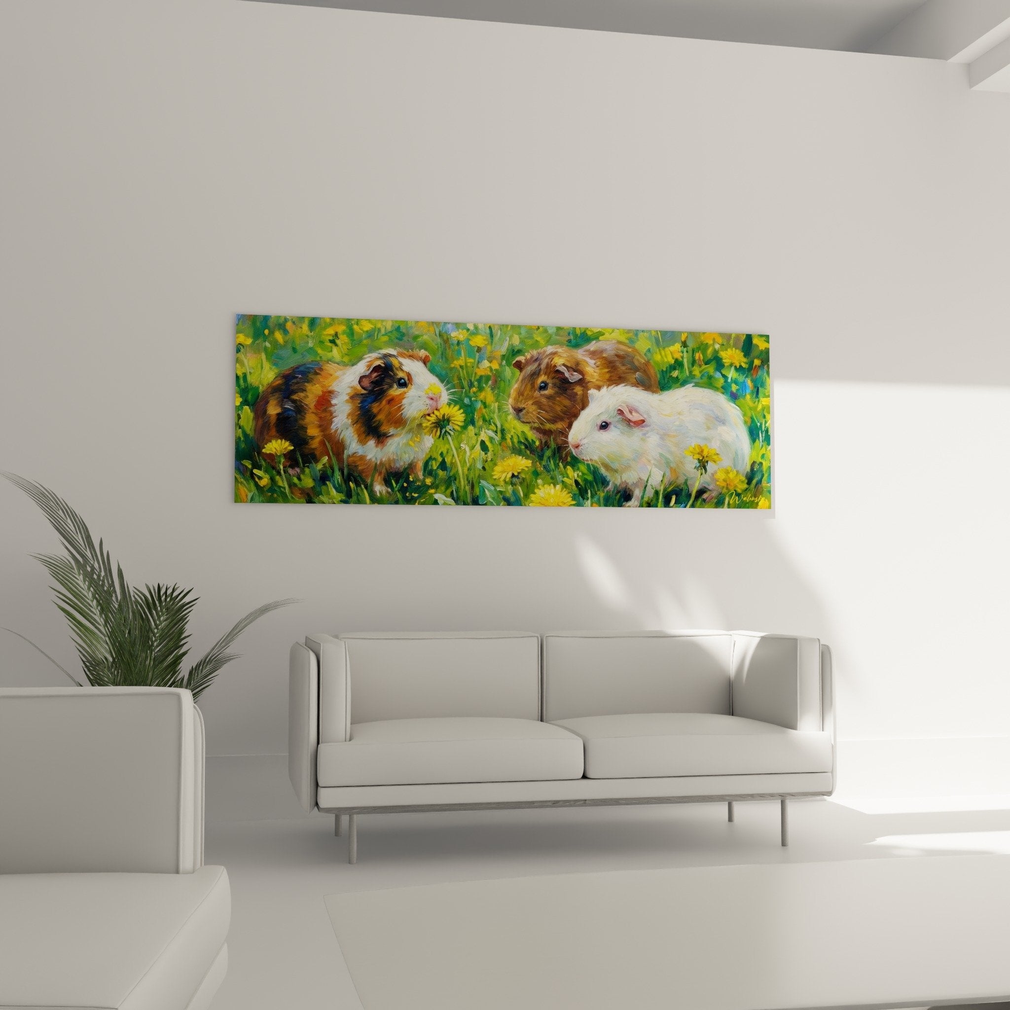 Detail Gemälde dreifarbiges weißes Meerschweinchen impressionistische Textur gelbe Blüten leuchtend grünes Gras