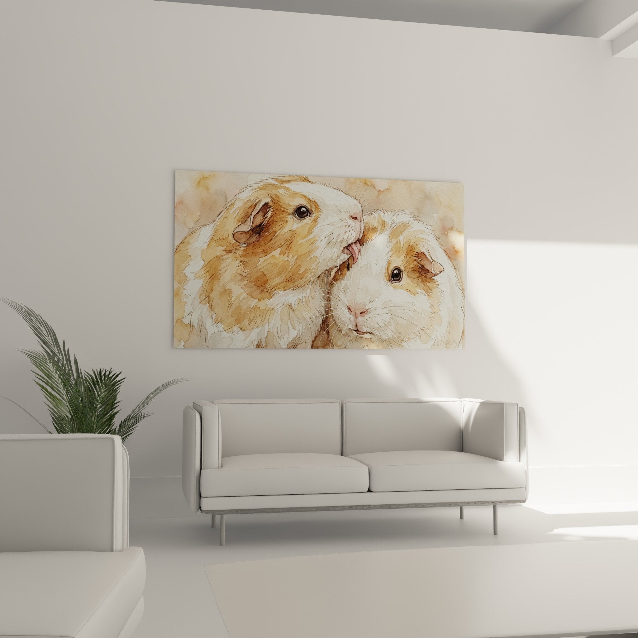 Detail Aquarell lächelndes Meerschweinchen goldenes weißes Fell zarte Maltechnik zartes Ausdruck