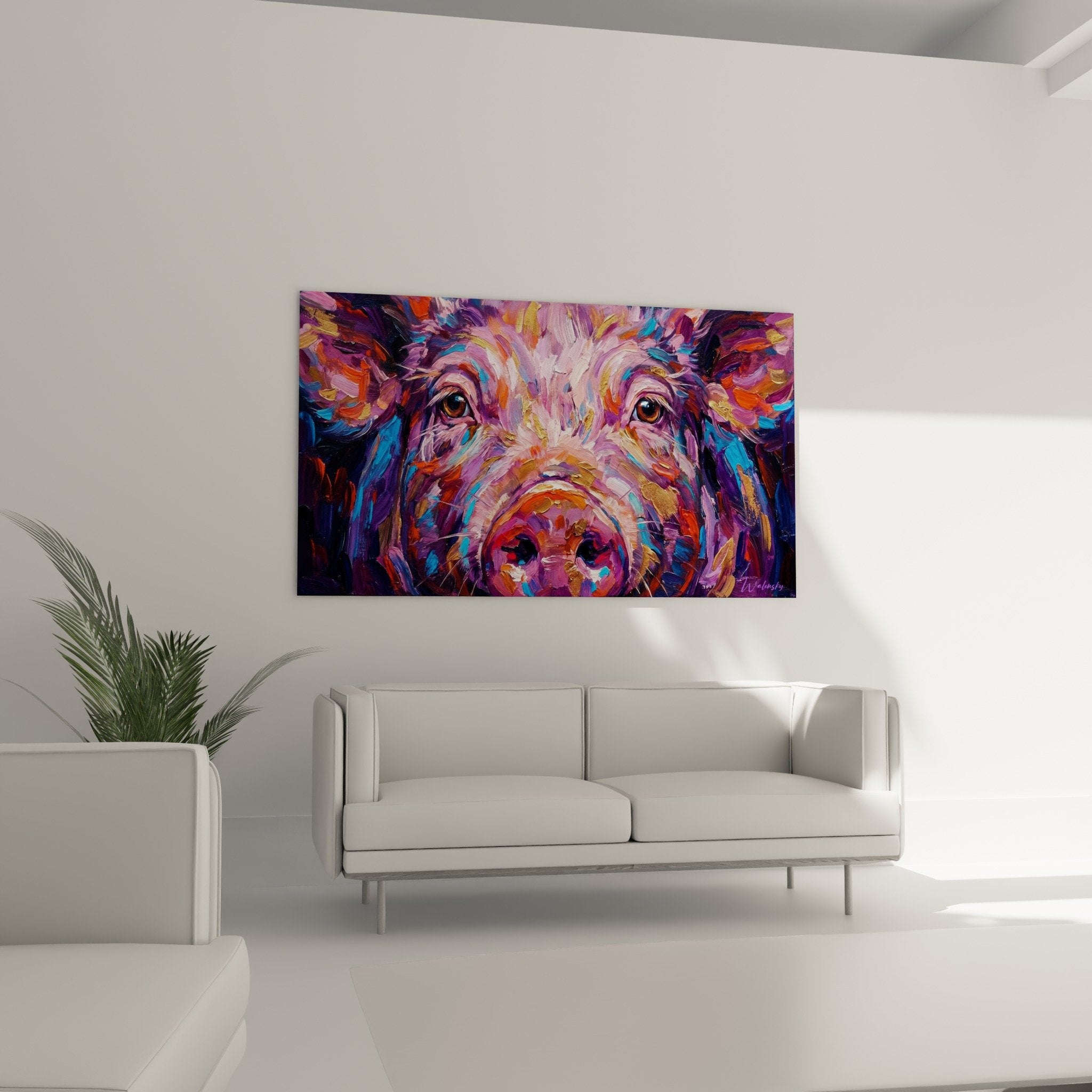 Schweinporträt-Detail lila Malerei, expressiver Blick mit goldenen Augen, gestische künstlerische Technik