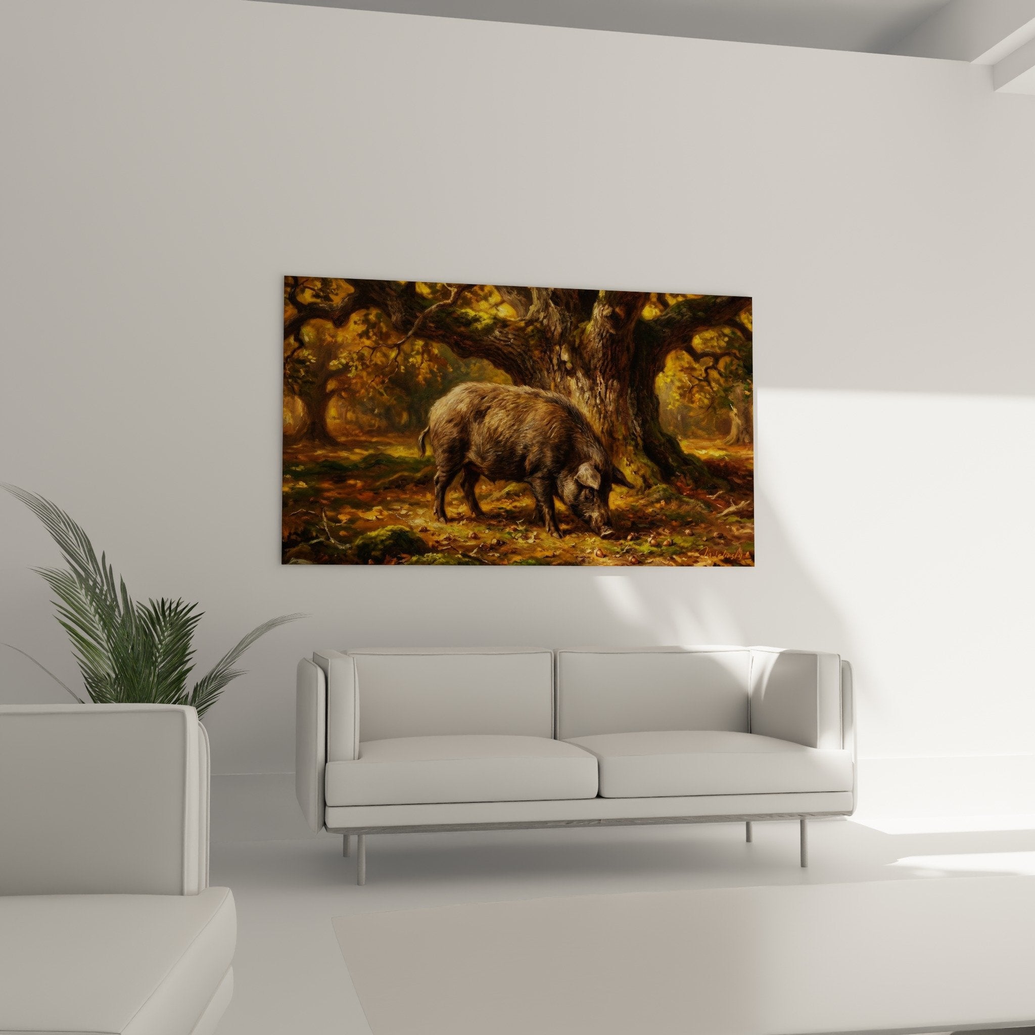 Detail Schwein braunes Fell goldene Lichttextur realistische Malerei Tierkunst