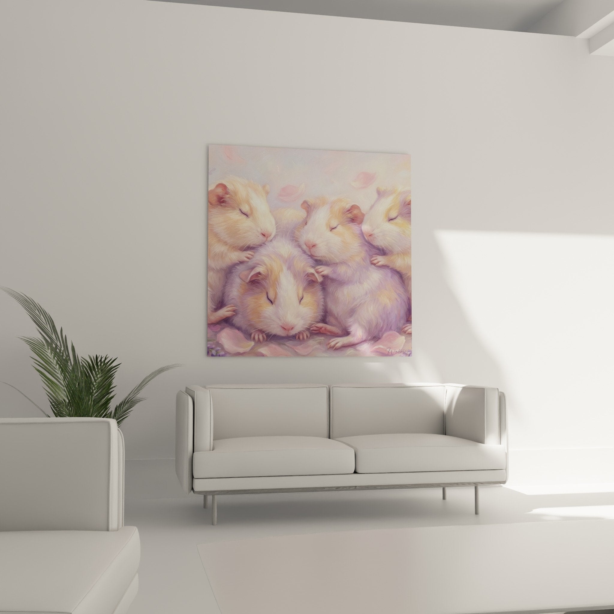 Detail Gemälde Meerschweinchen weiches Fell realistische Textur pudrige Rosa- und Violetttöne