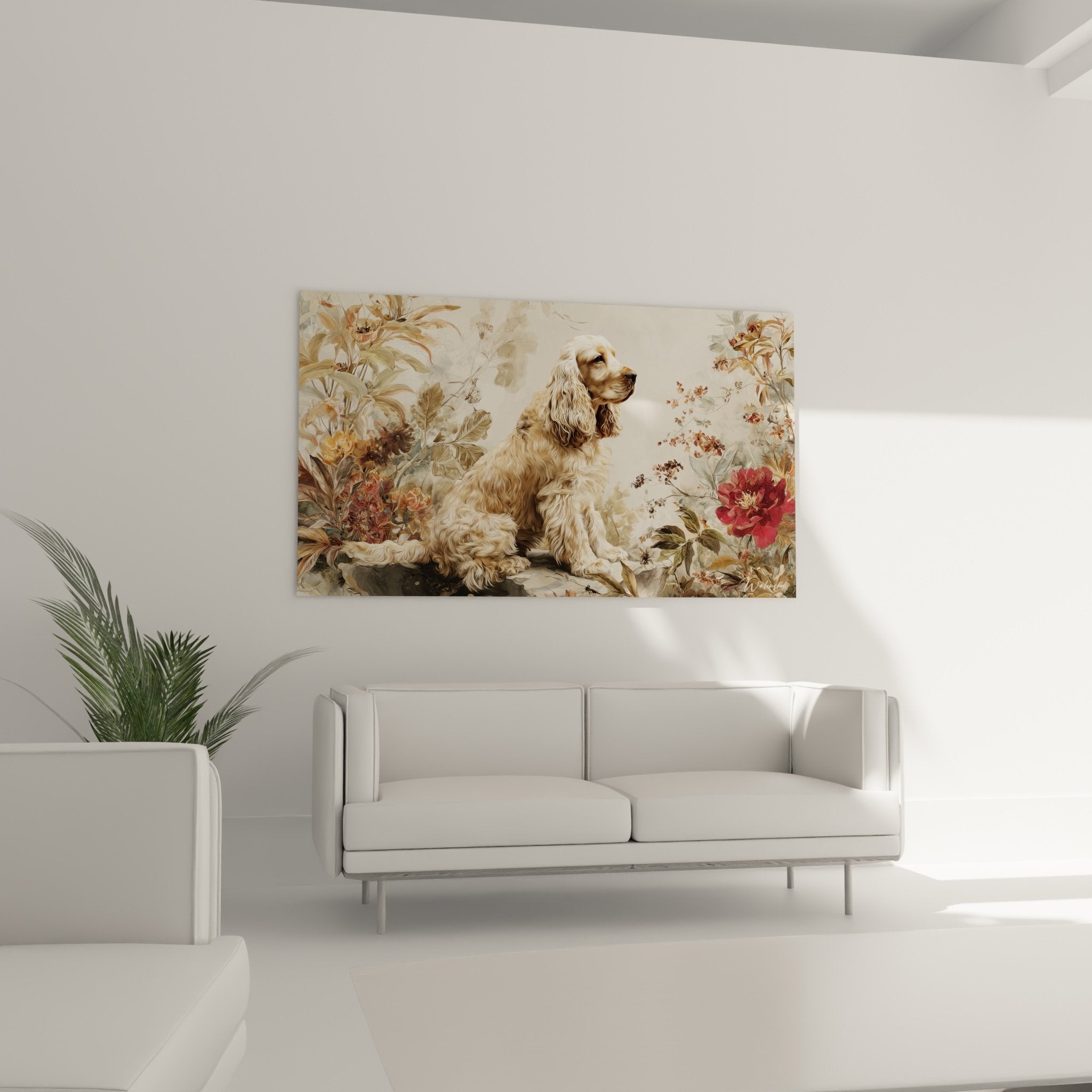 Détail gros plan Cocker Americain pelage soyeux doré avec feuillages automnaux et fleurs délicates