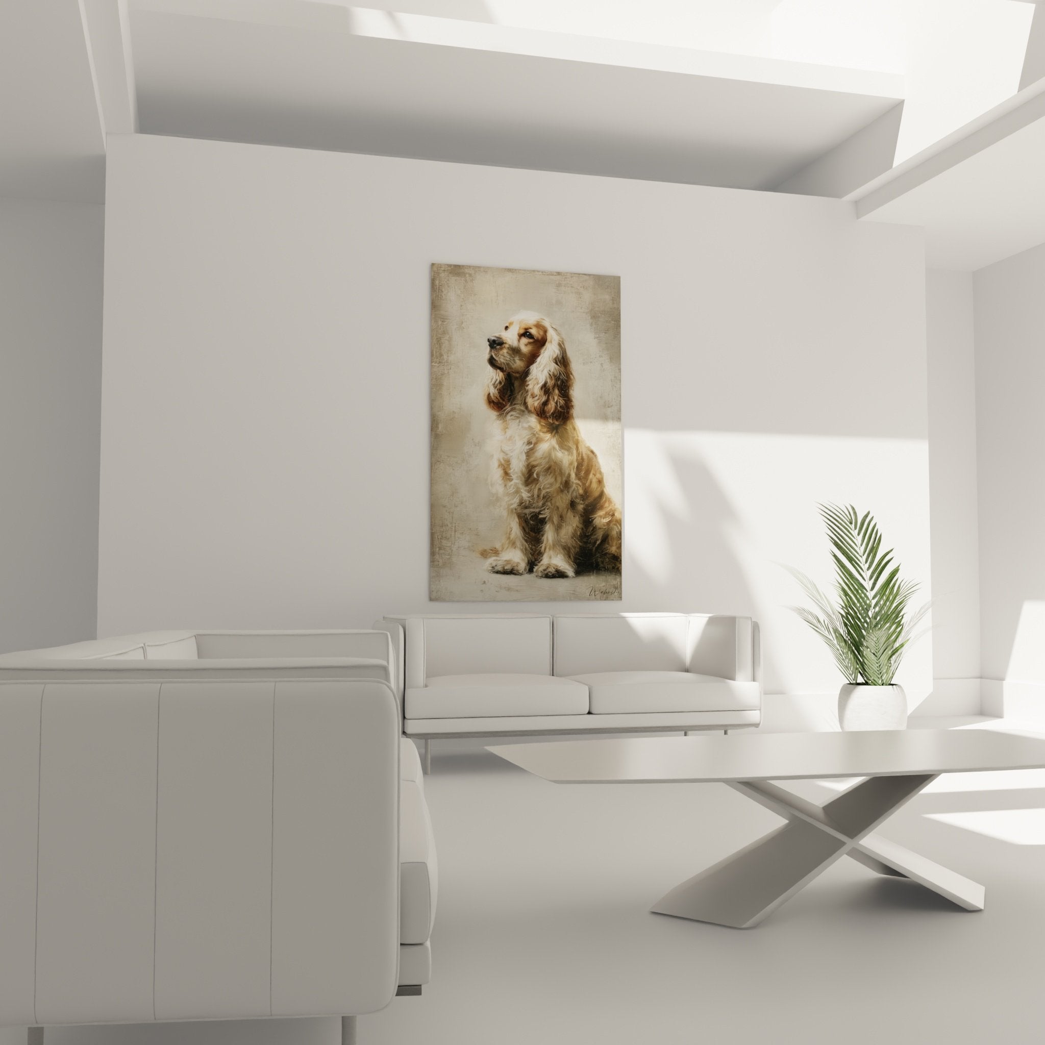 American Cocker Spaniel painting detail with silky golden coat, drooping ears and touching expression realistic portrait